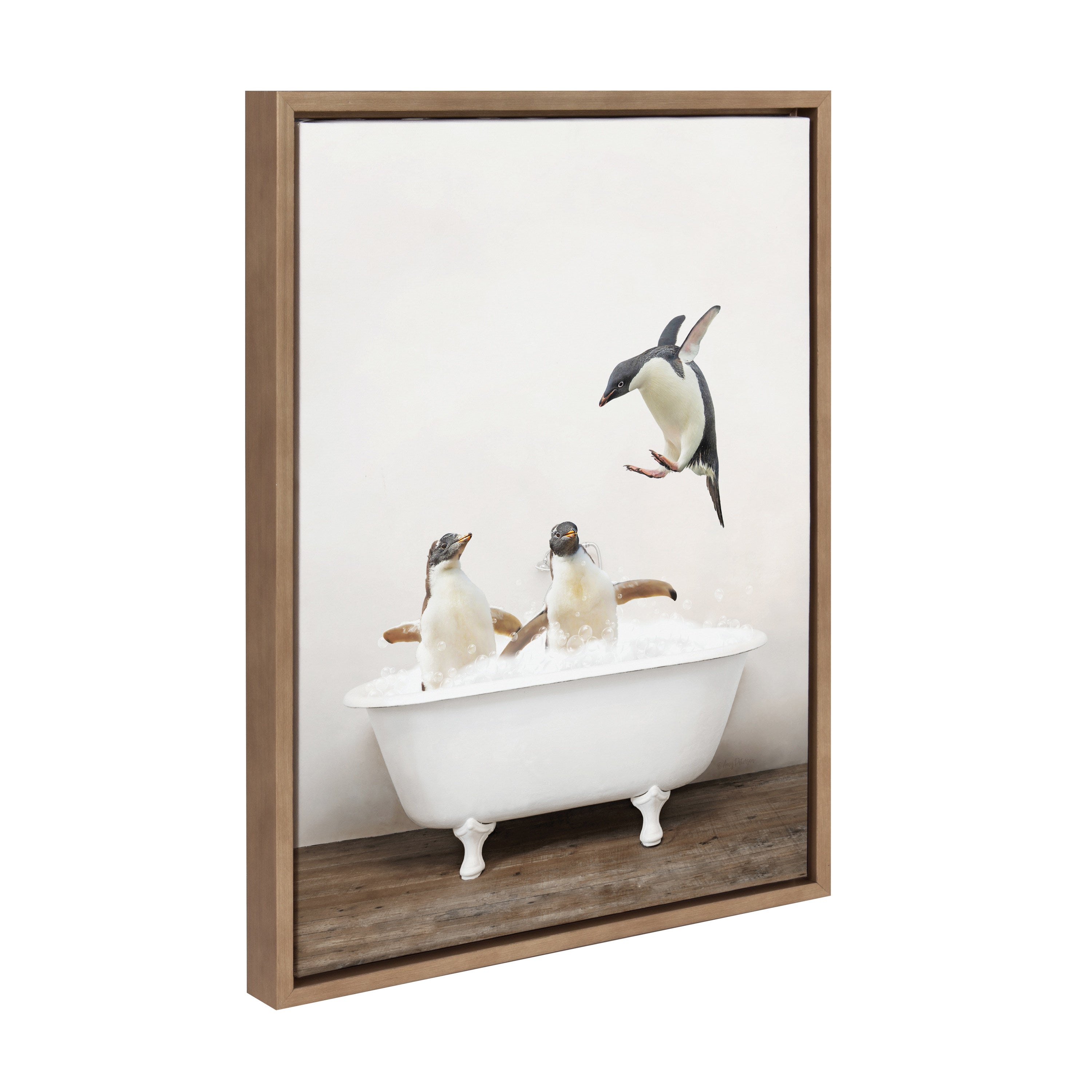 Sylvie Penguins Playing in Rustic Bath Framed Canvas by Amy Peterson Art Studio