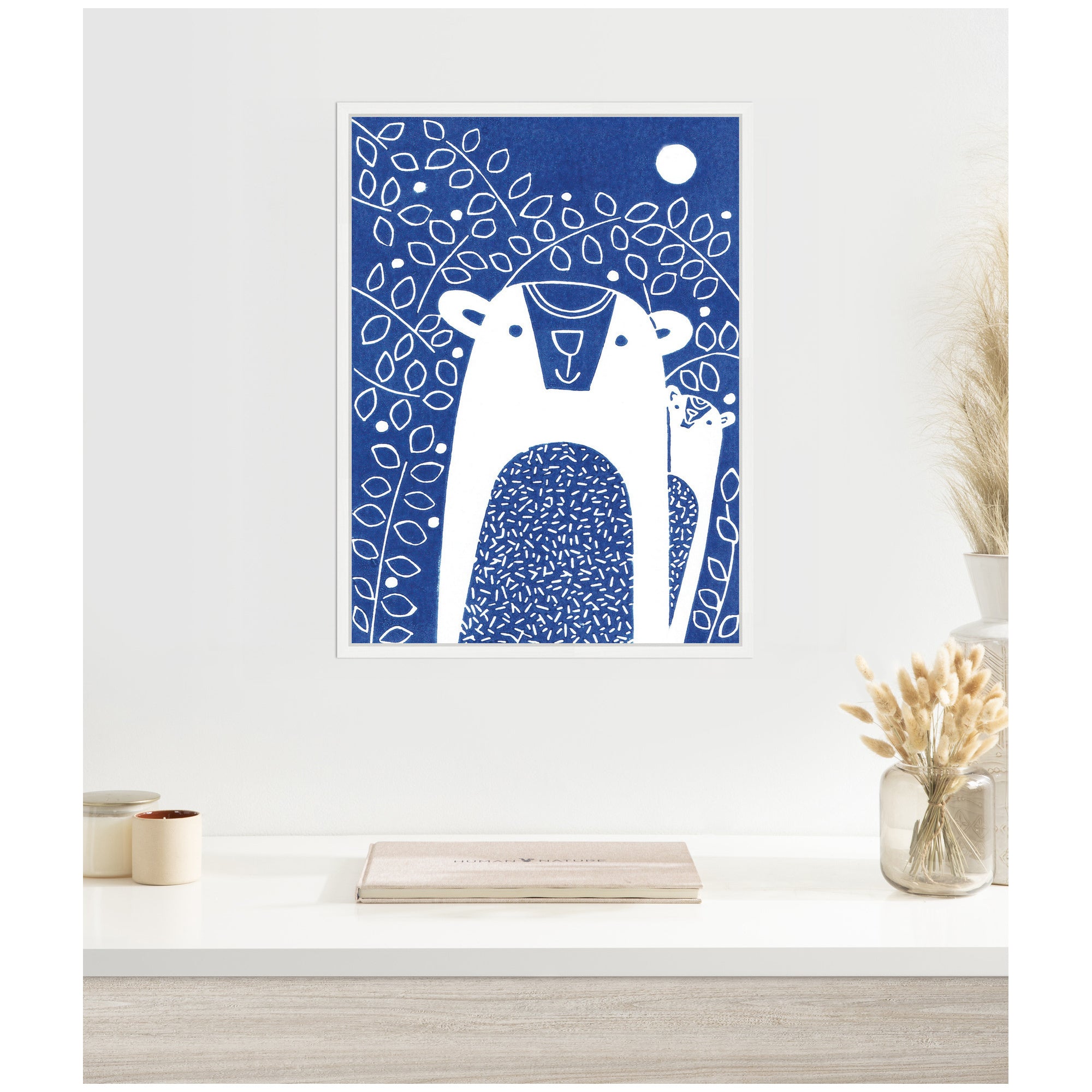 Sylvie Blue Night Bears Linocut Framed Canvas by Giuliana Lazzerini