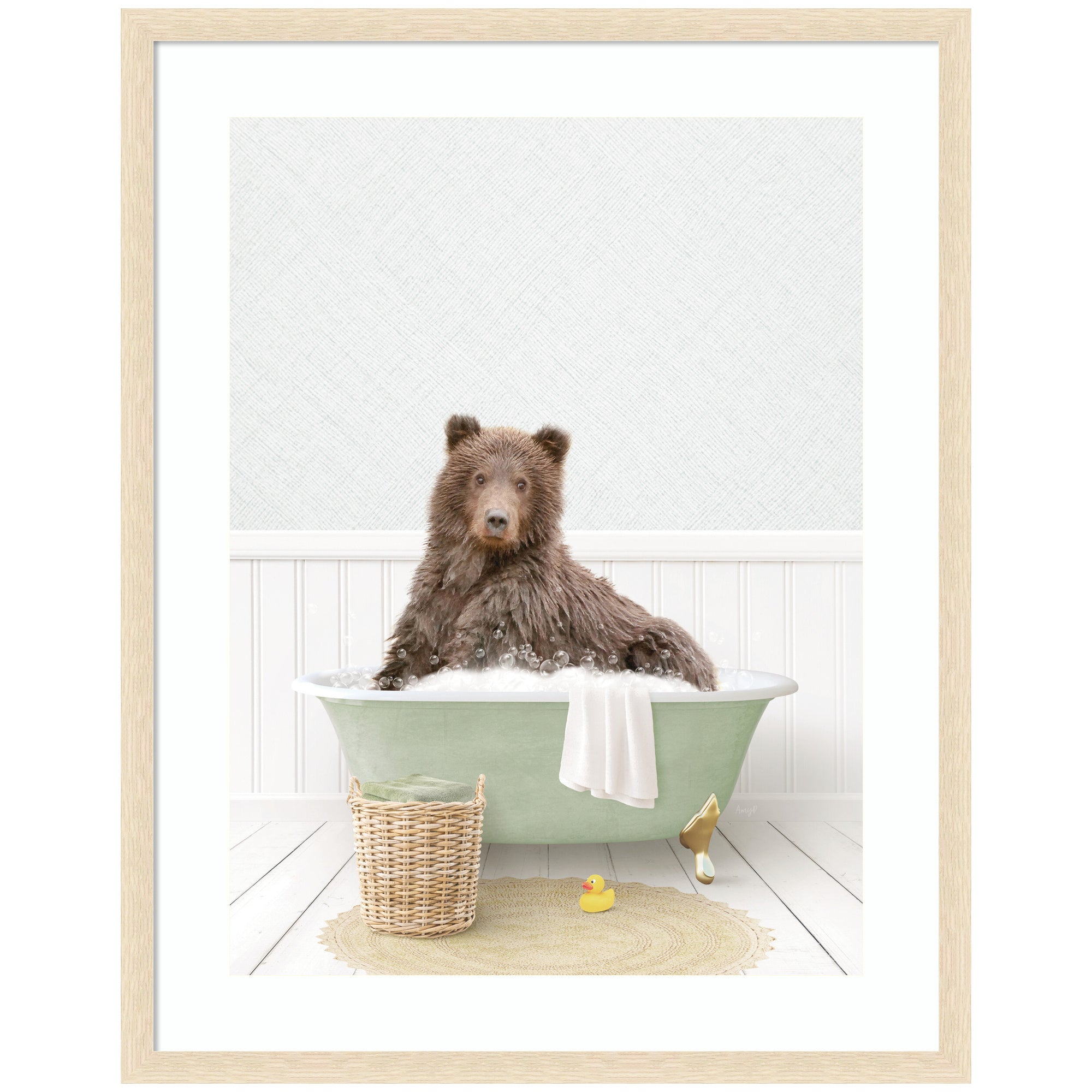 Bear in Cottage Green Bath by Amy Peterson Framed Wall Art Print