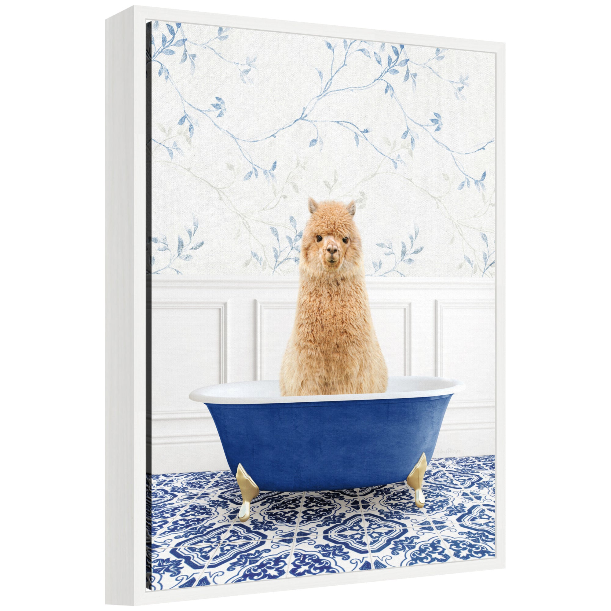 Sylvie Alpaca in Eclectic Blue Bathtub Framed Canvas by Amy Peterson