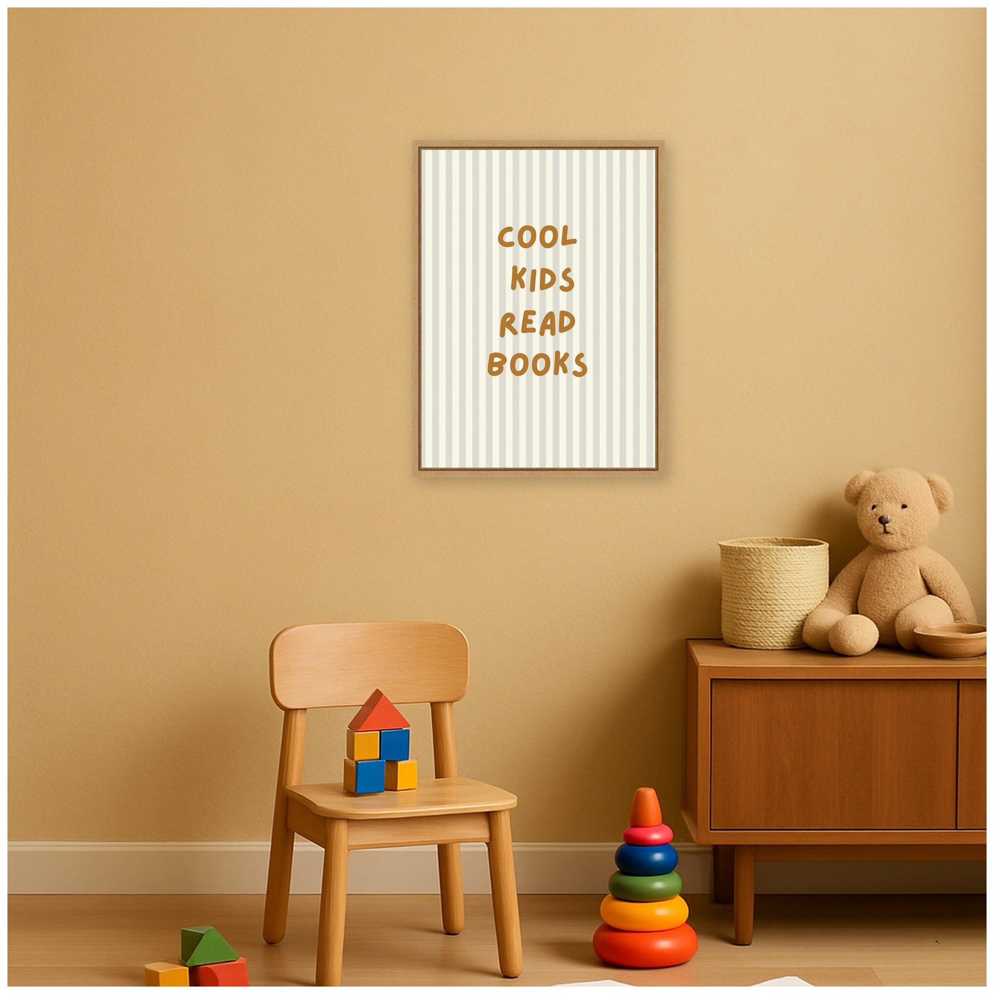 Cool Kids Read Books Neutral Stripe by Laura Moss Framed Canvas Wall Art Print