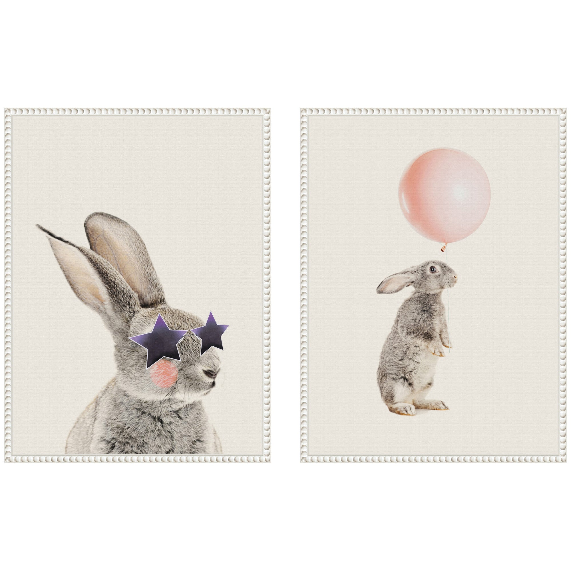Sylvie Beaded The Bunny Star Glasses and The Bunny Pink Balloon Framed Canvas Art Set by July Art Prints