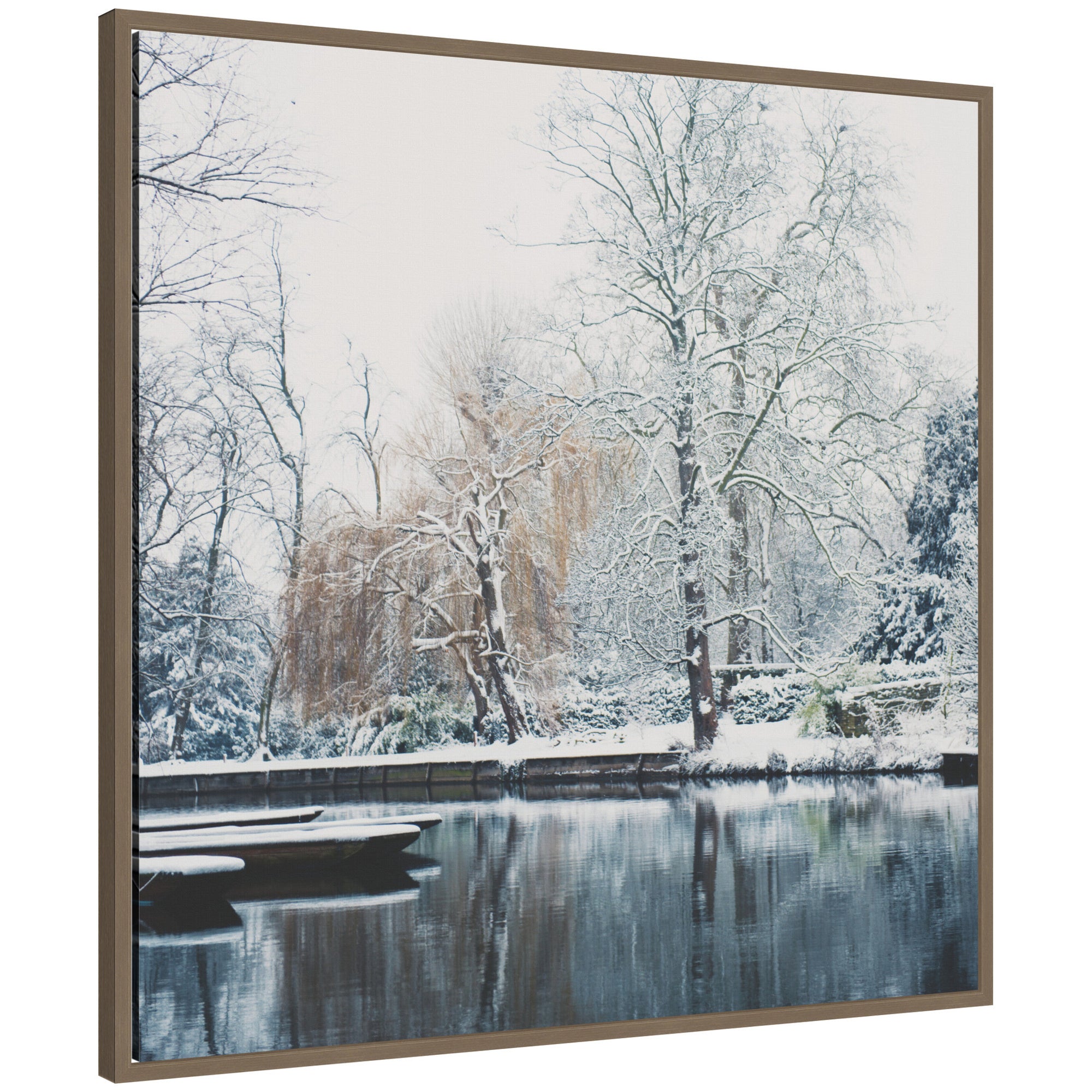 Sylvie Framed Canvas Snow Covered Punts on the River Cam by Laura Evans