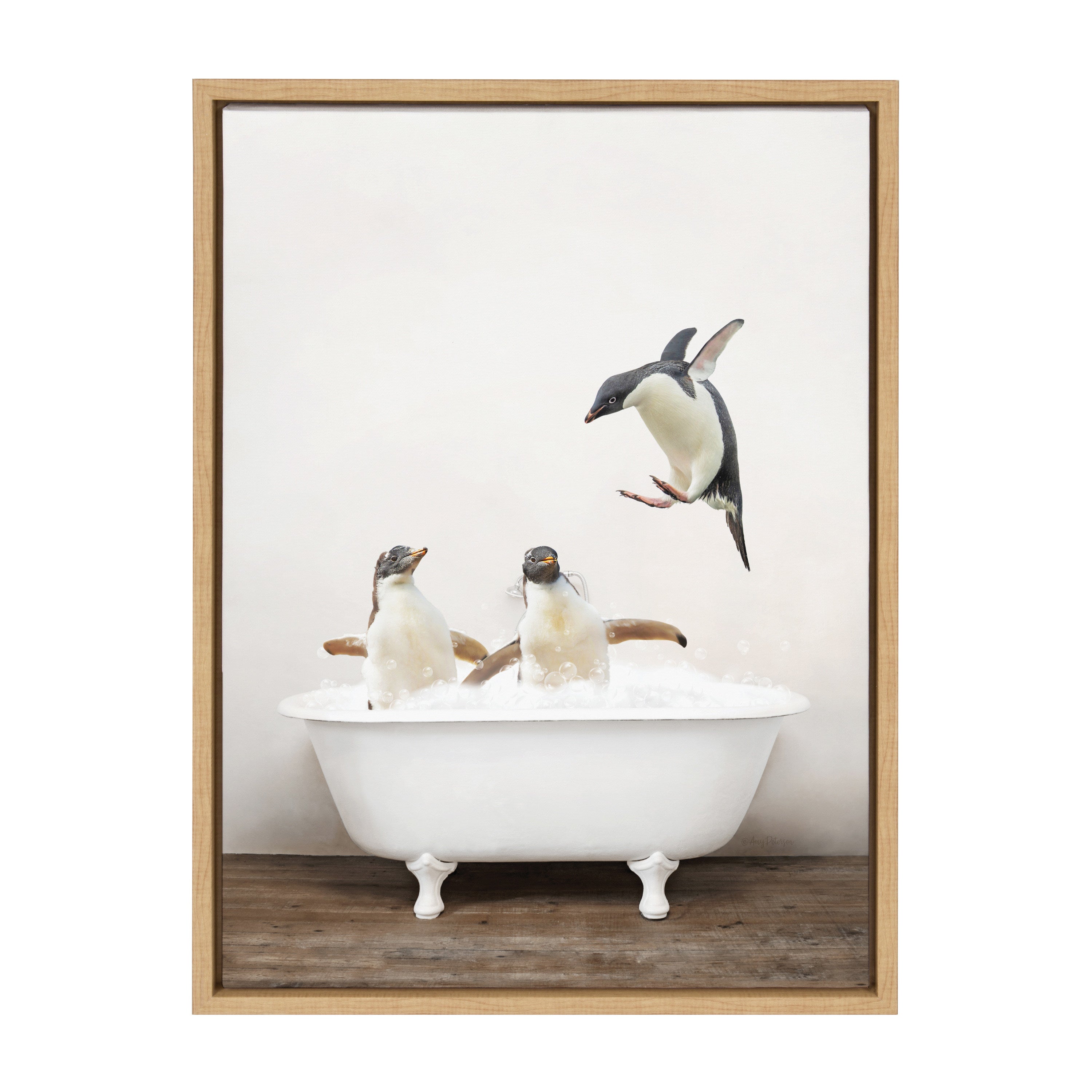 Sylvie Penguins Playing in Rustic Bath Framed Canvas by Amy Peterson Art Studio