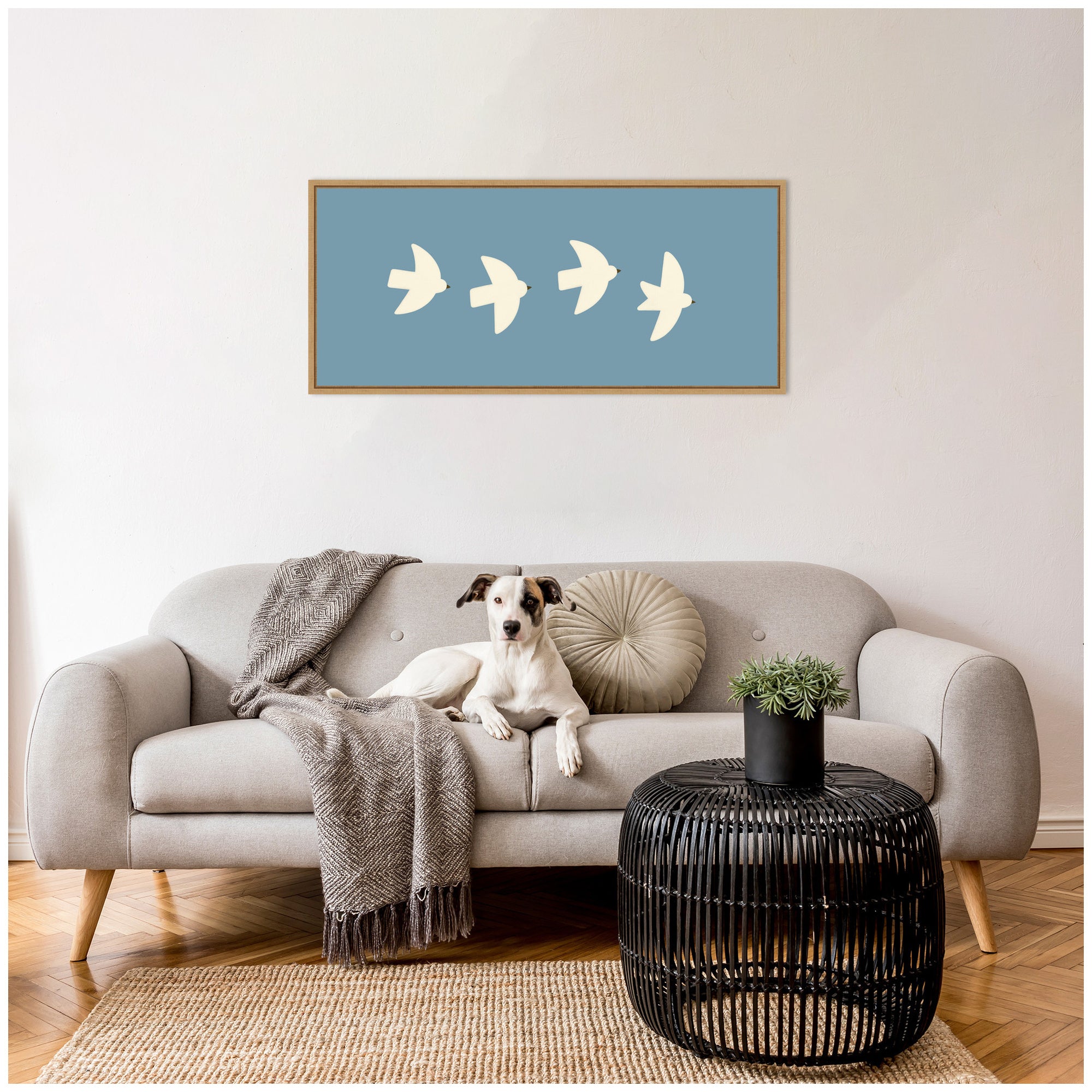 Minimalist Birds Panel Blue by Laura Moss Framed Canvas Wall Art Print