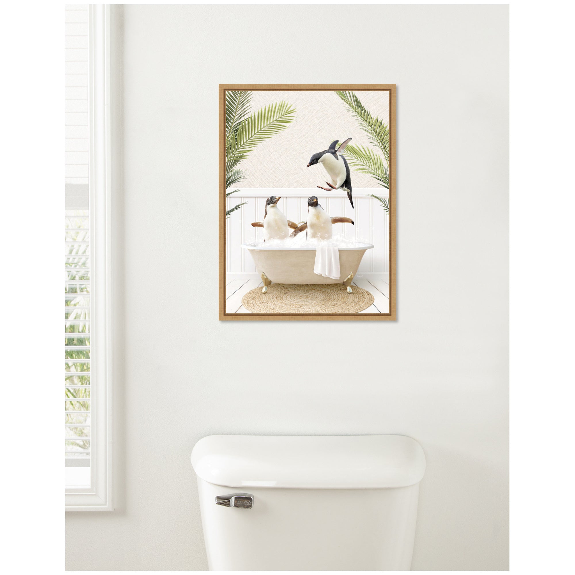 Sylvie Penguins in Palms Bath Framed Canvas by Amy Peterson