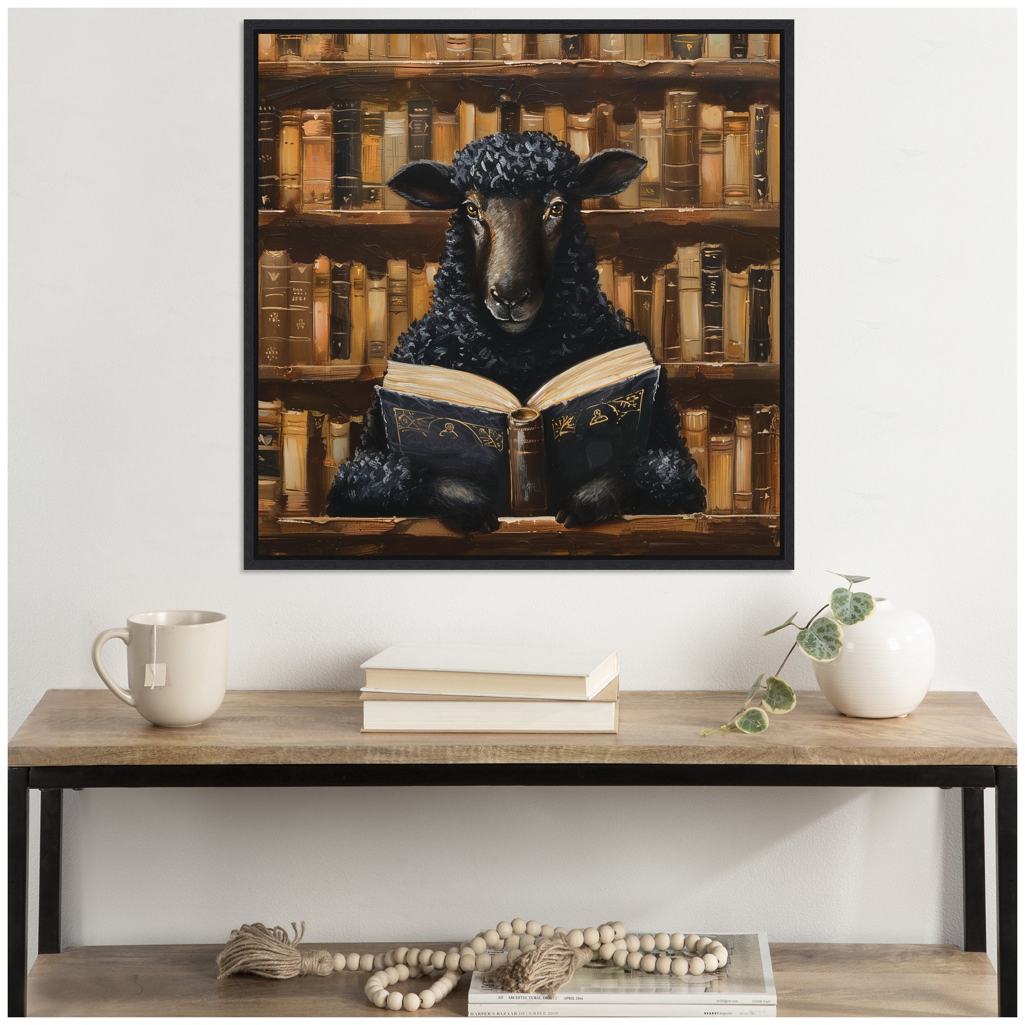 Sylvie Traditional Black Sheep Reading in Vintage Library Framed Canvas by The Creative Bunch Studio