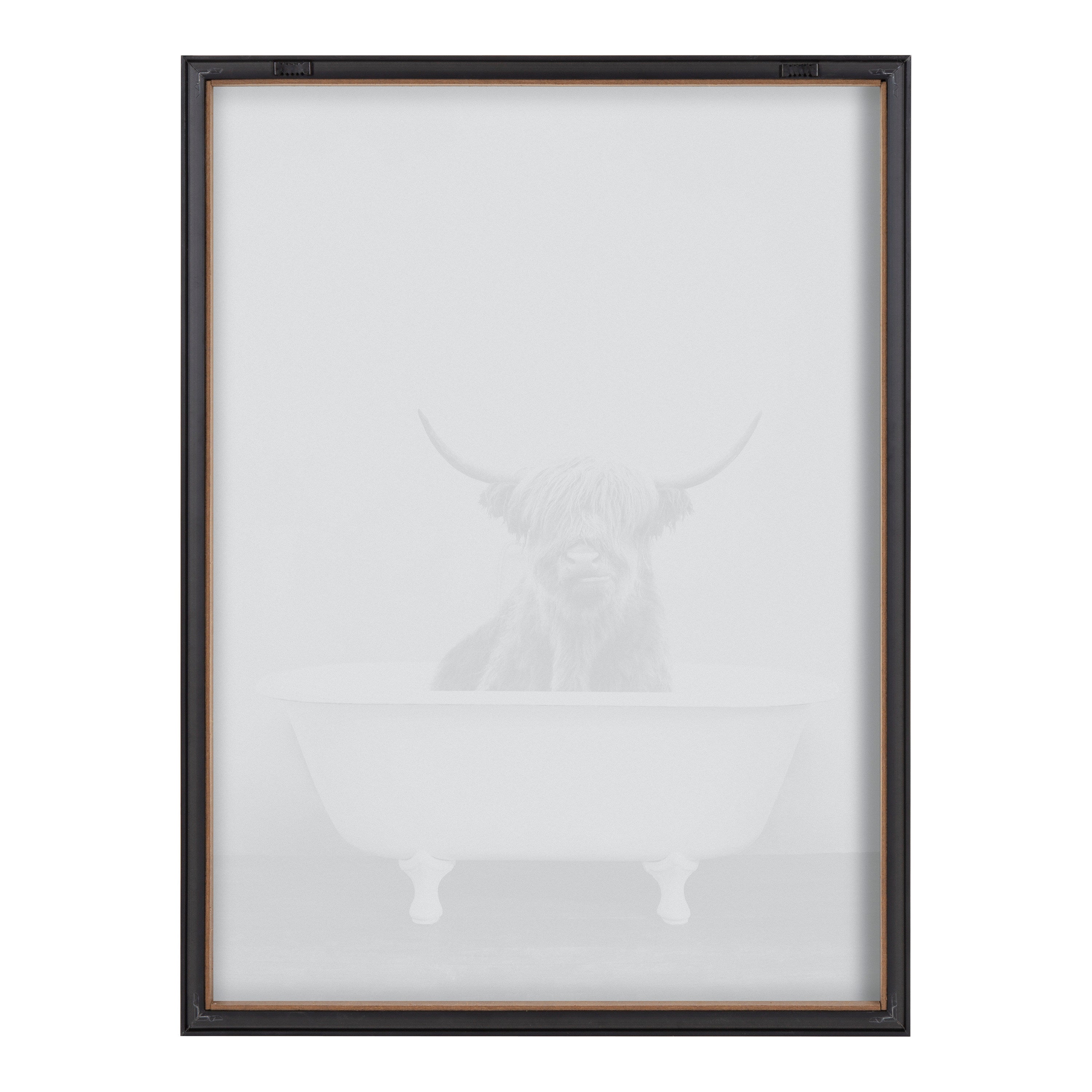 Blake Highland Cow in the Tub BW Framed Printed Glass by Amy Peterson Art Studio