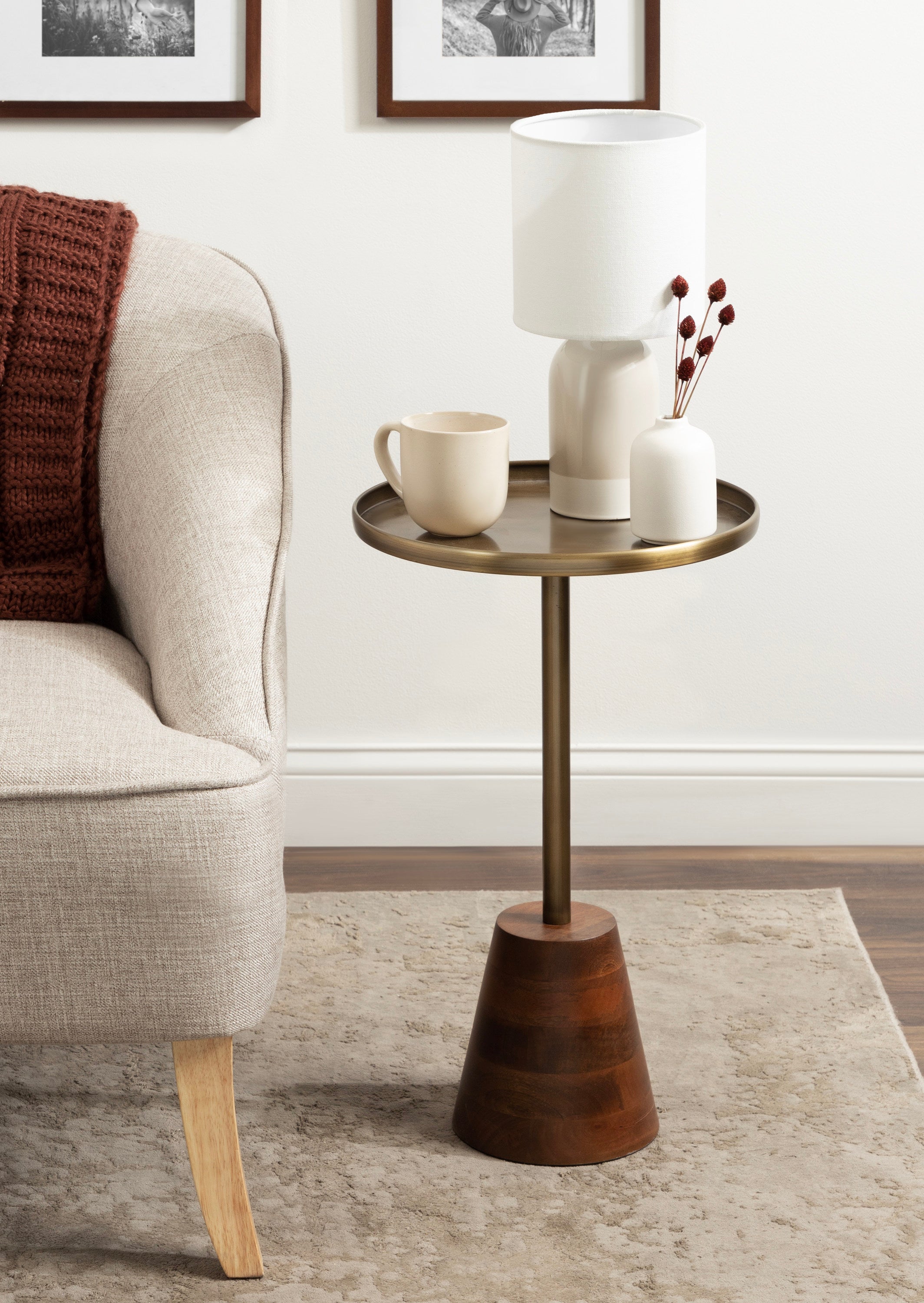 Side Table Gold Walnut Brown 14x14x24 6