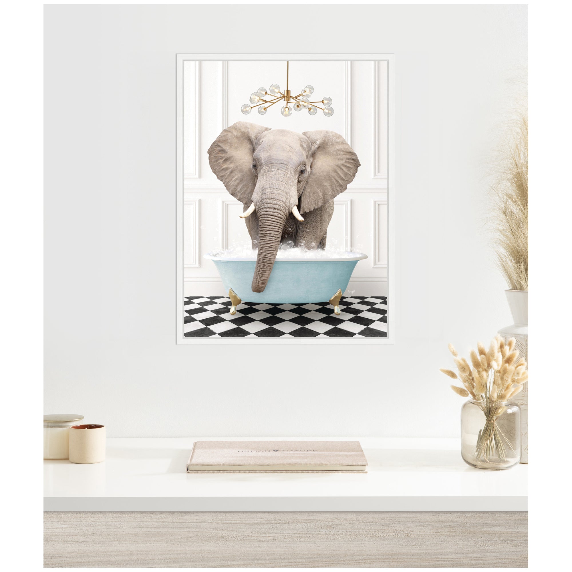 Sylvie Elephant Front in Blue Bathtub on Checker Floor Framed Canvas by Amy Peterson