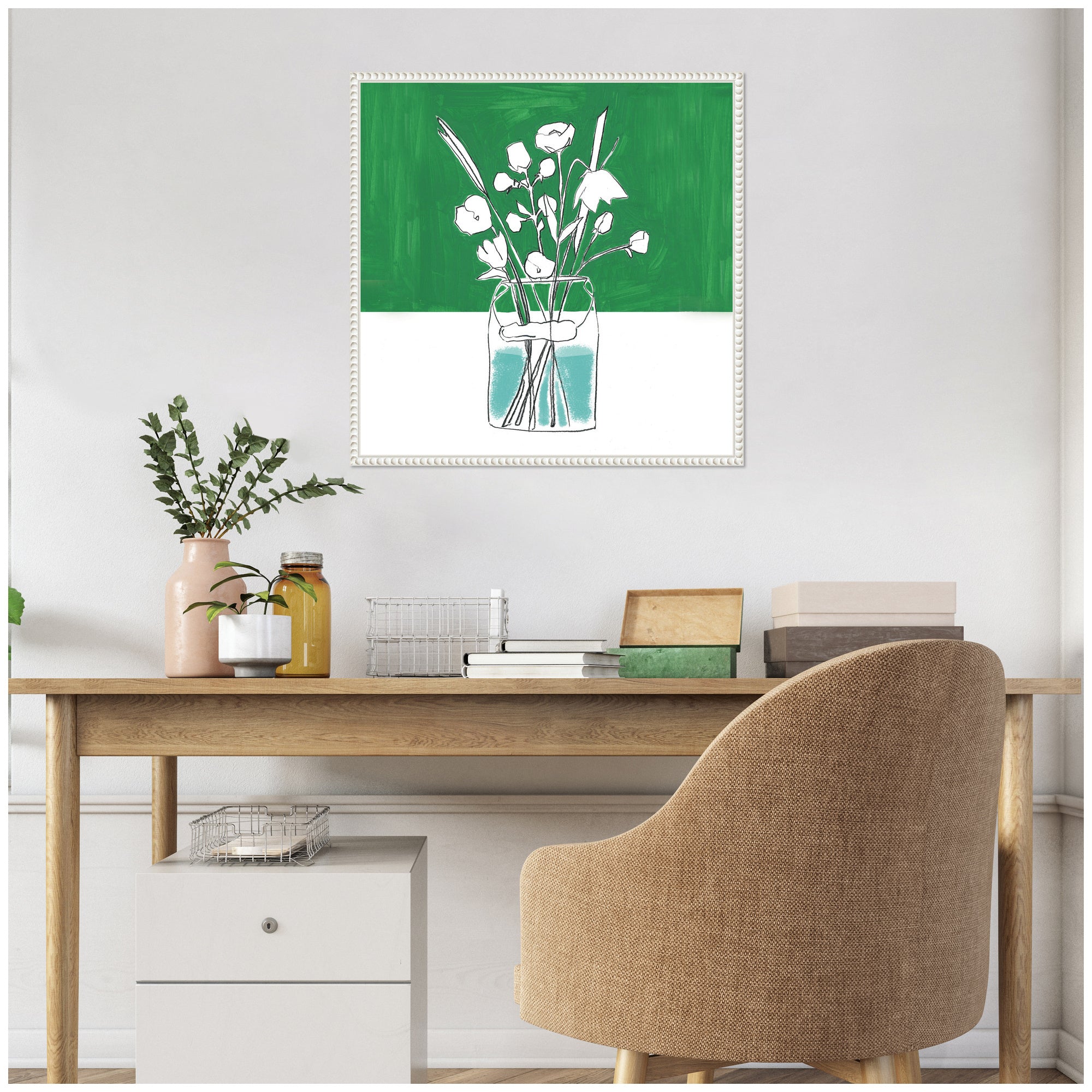 Sylvie Minimalist Floral Vase with Green Framed Canvas by Teju Reval