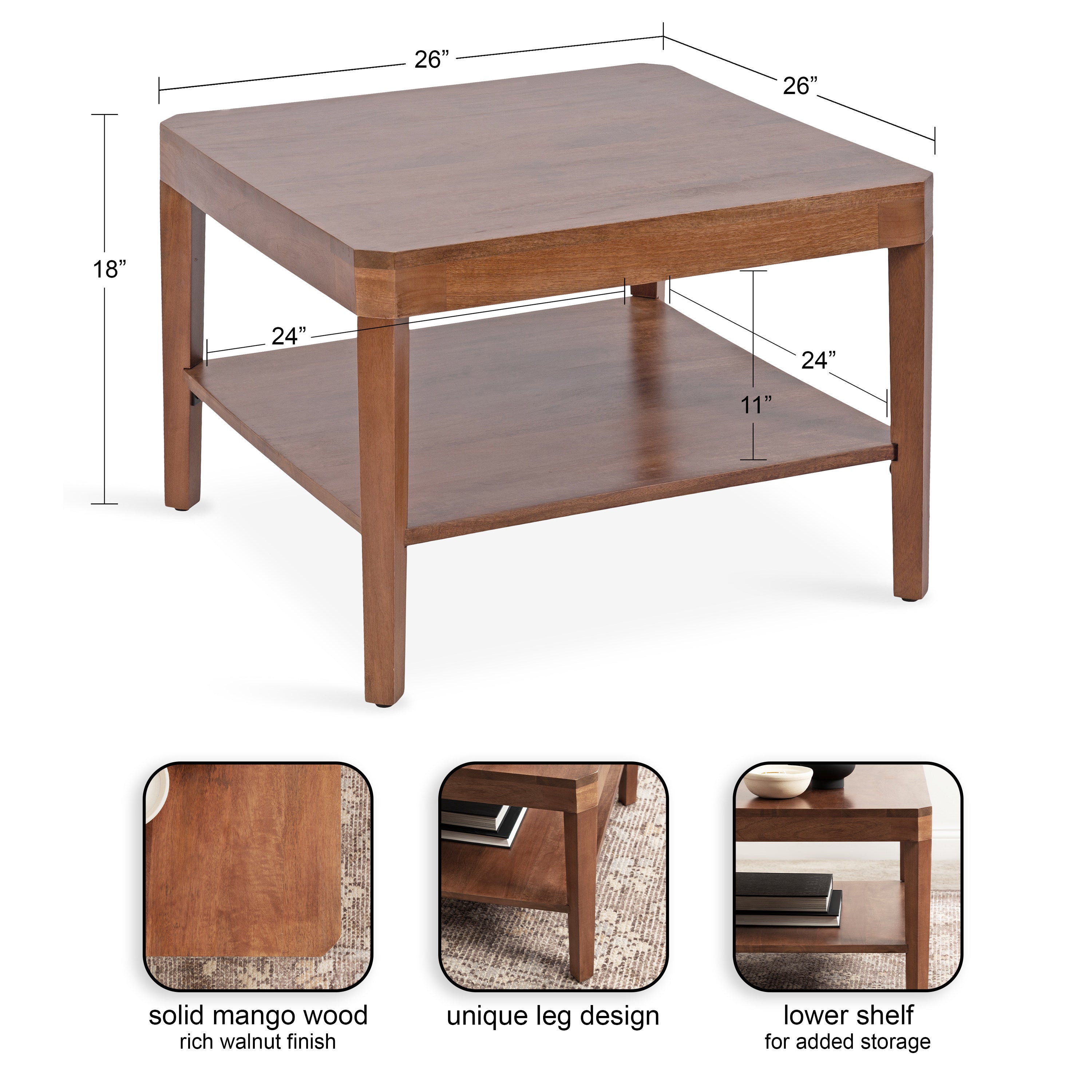 Coffee Table Walnut Brown 26x26x18 2