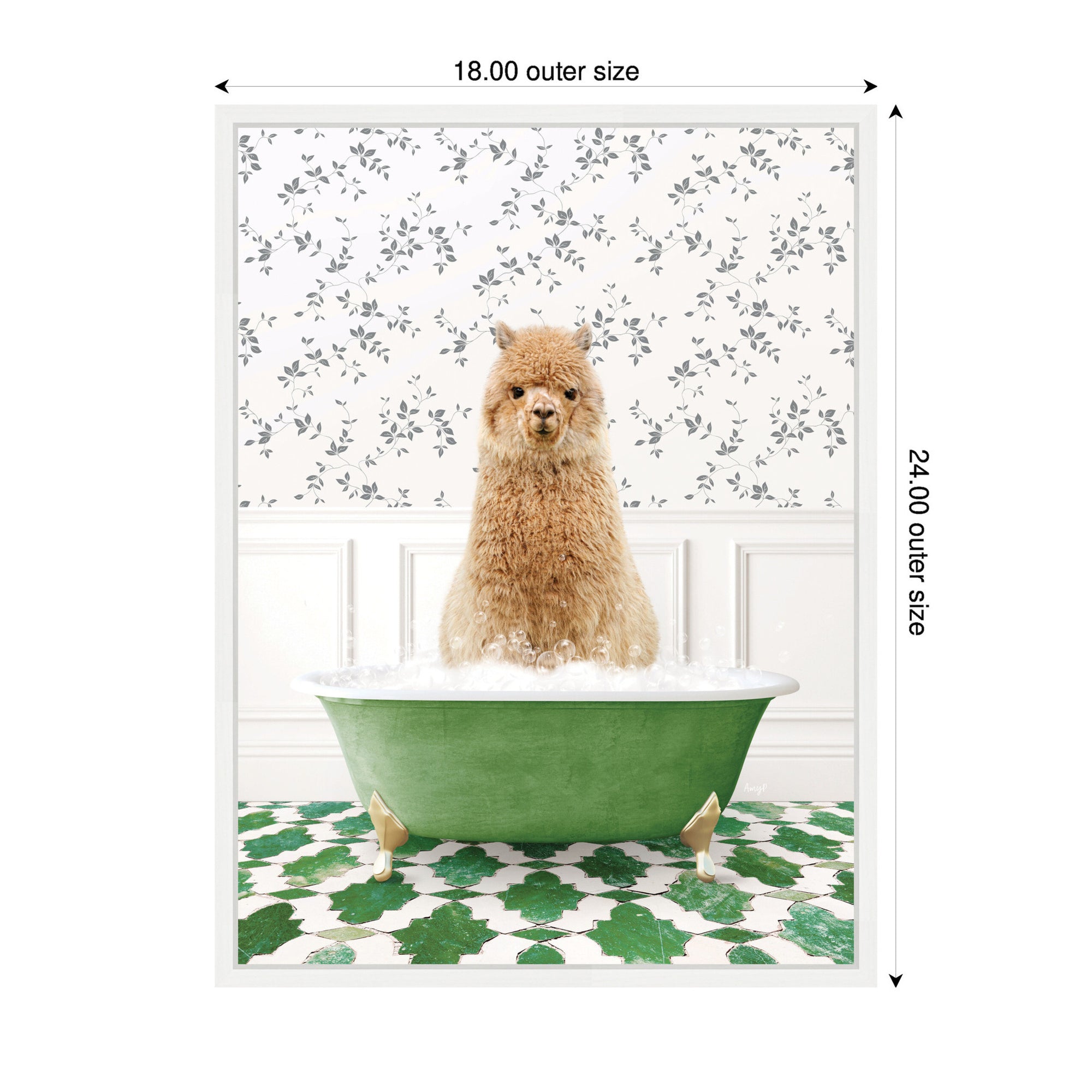 Sylvie Alpaca in Eclectic Green Bathtub Framed Canvas by Amy Peterson