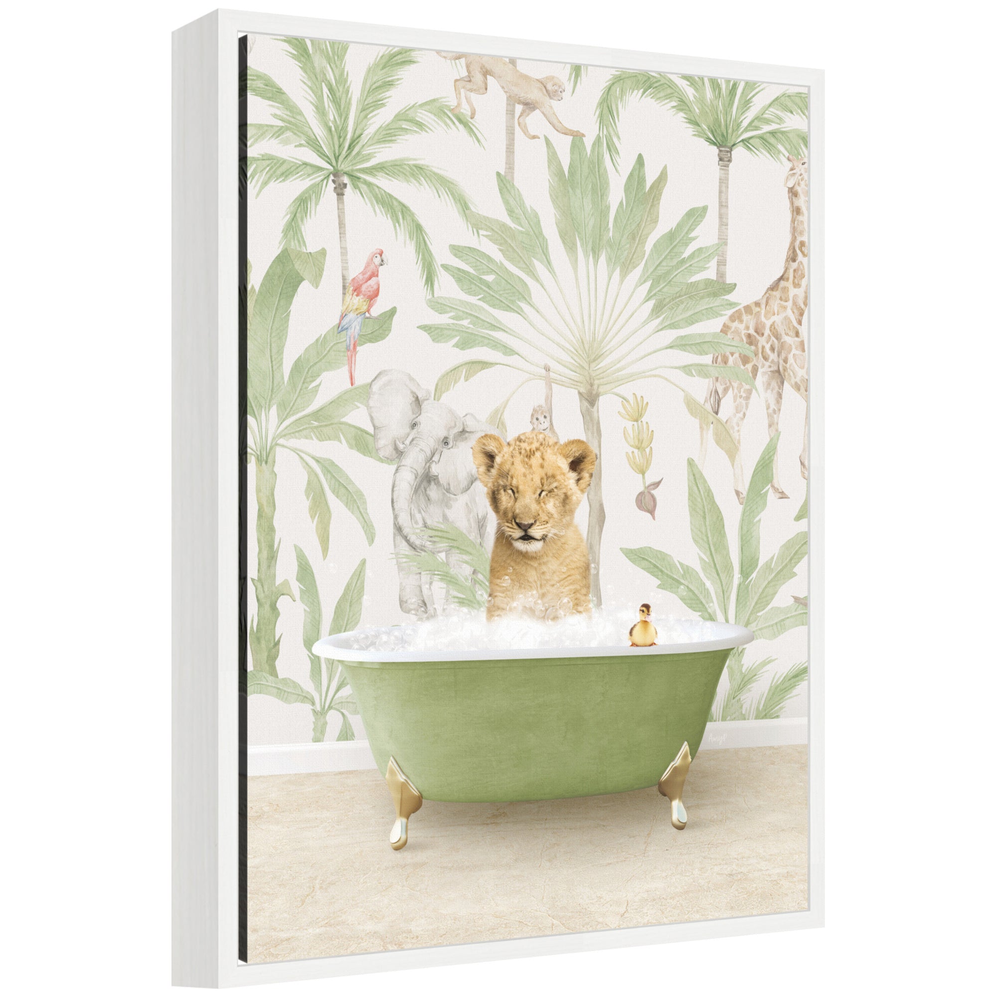 Sylvie Lion Cub in Wild Safari Bathtub Framed Canvas by Amy Peterson