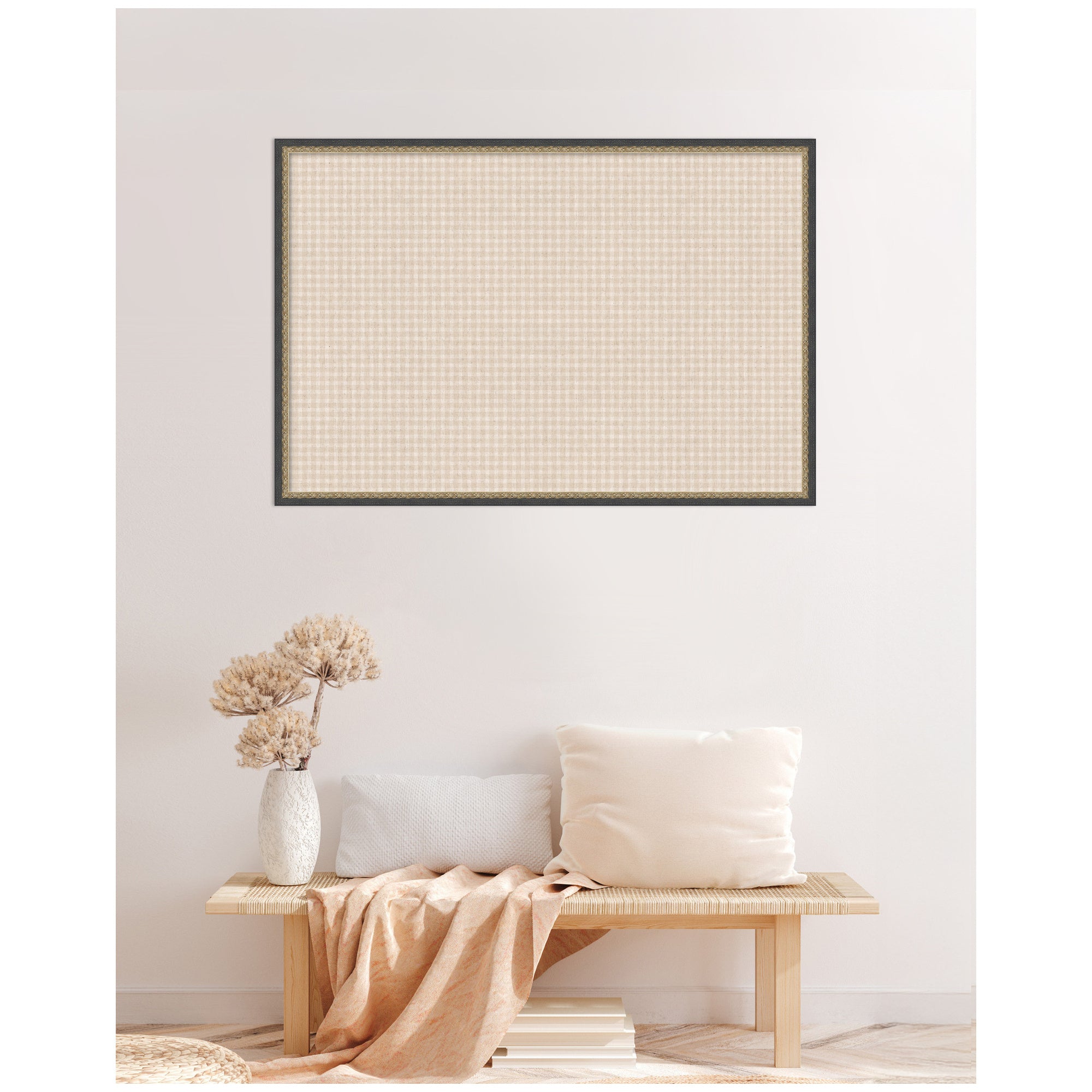 Framed Fabric Pinboard Mini Gingham Neutral Linen Wall Organization