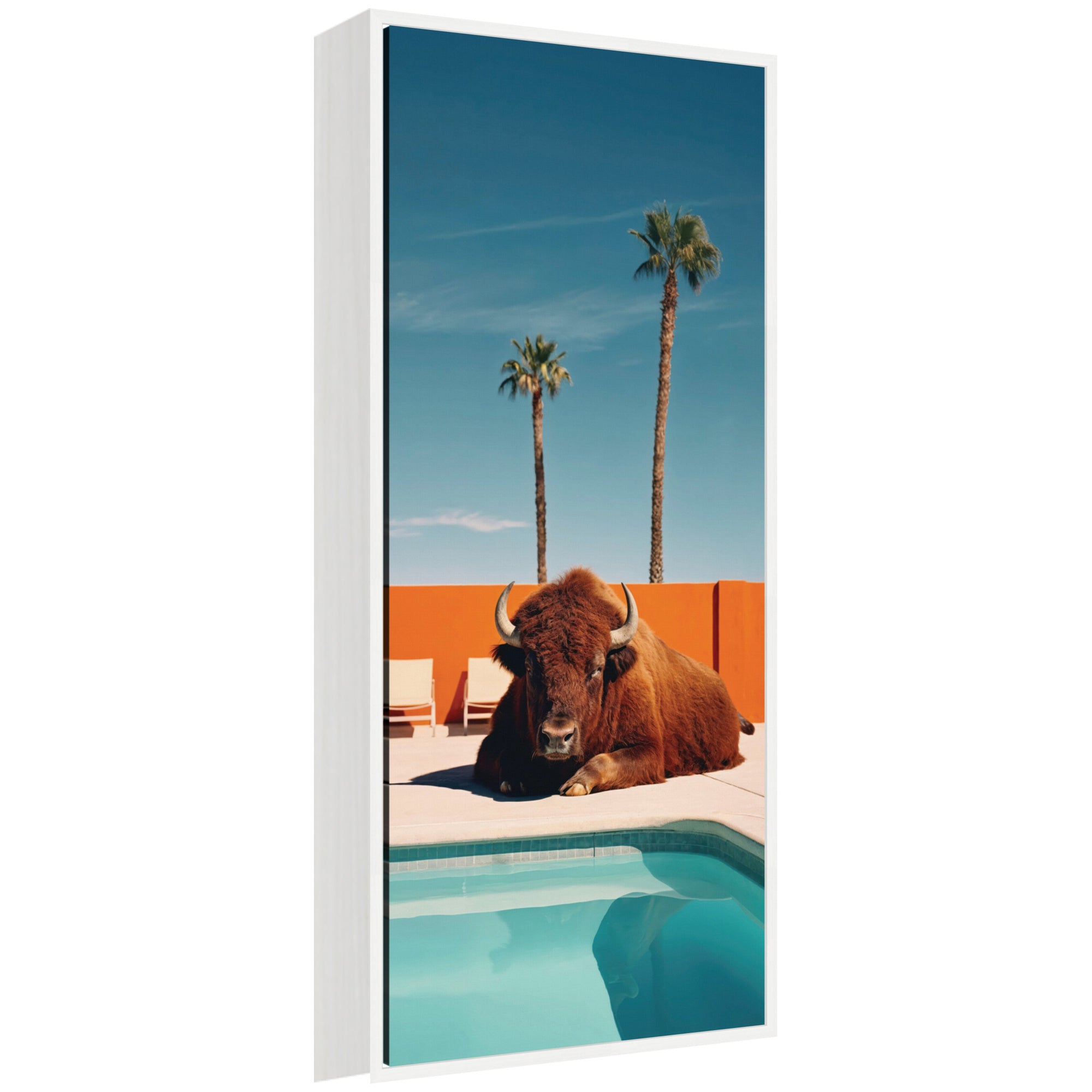 Sylvie Bison Chilling by the Pool in California Framed Canvas by Michael Schauer