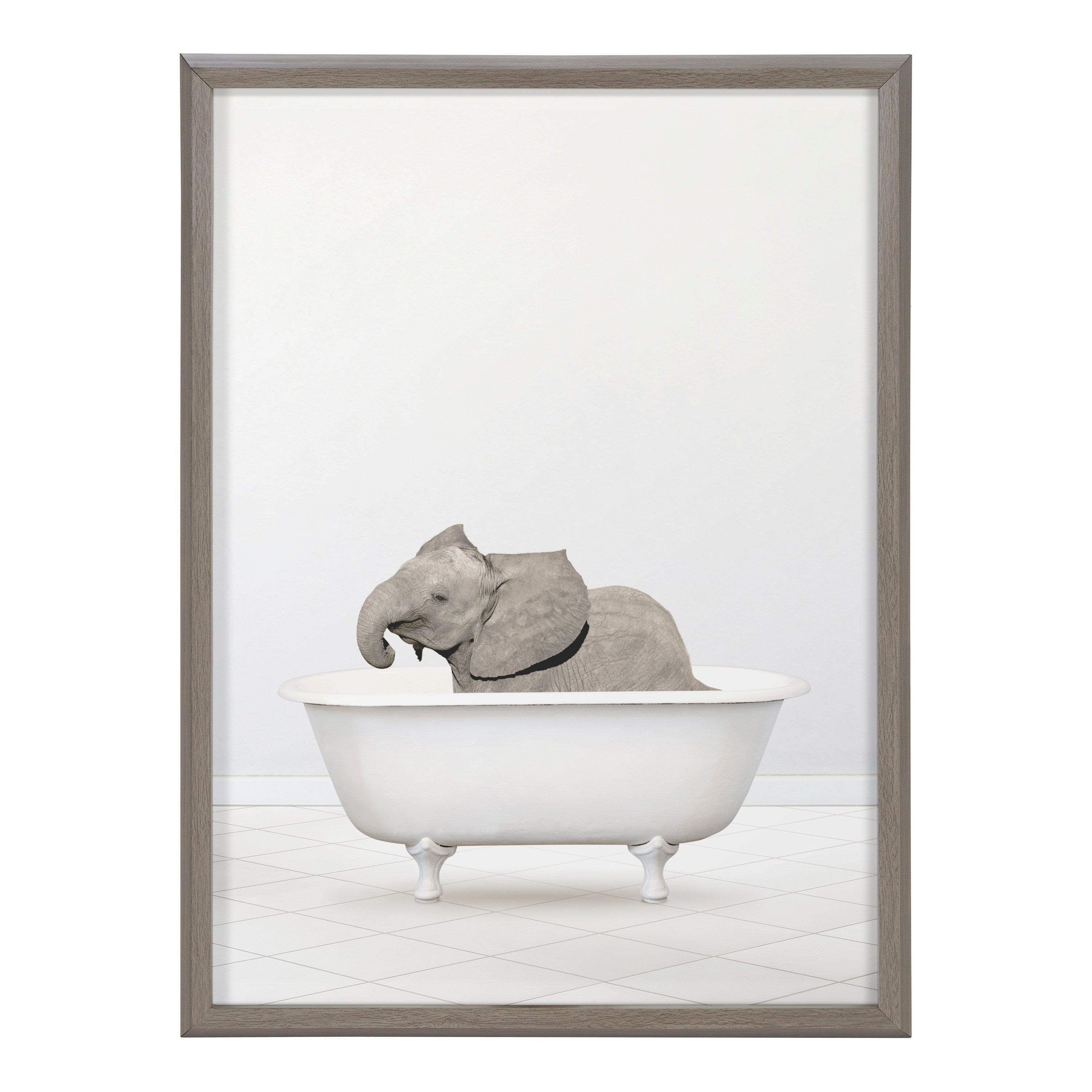 Blake Baby Elephant Solo Bathtub Framed Printed Glass by Amy Peterson