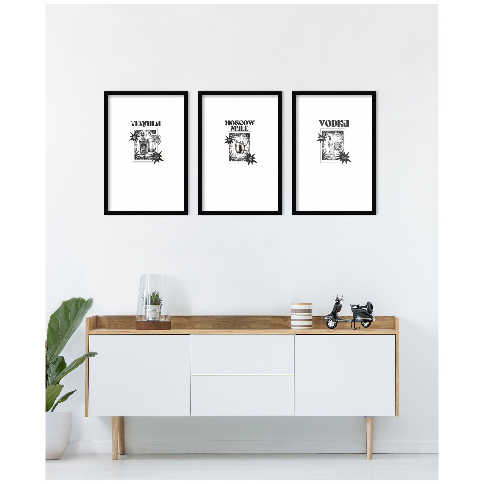 Tequila Moscow Mule & Vodka Happy Water 3 Piece Framed Wall Art Print Set by Honey Island Studio