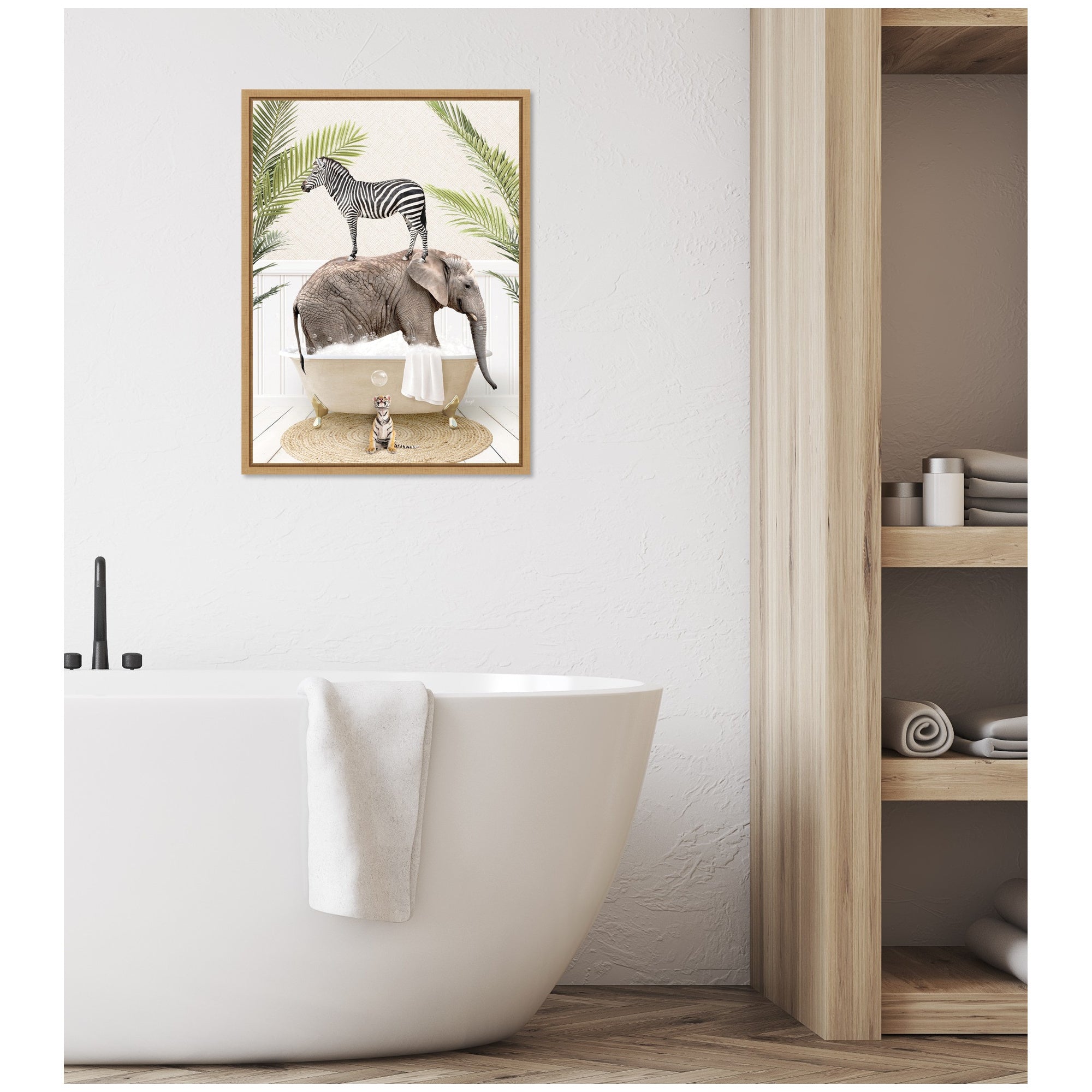 Sylvie Safari Animals in Palm Bath Framed Canvas by Amy Peterson