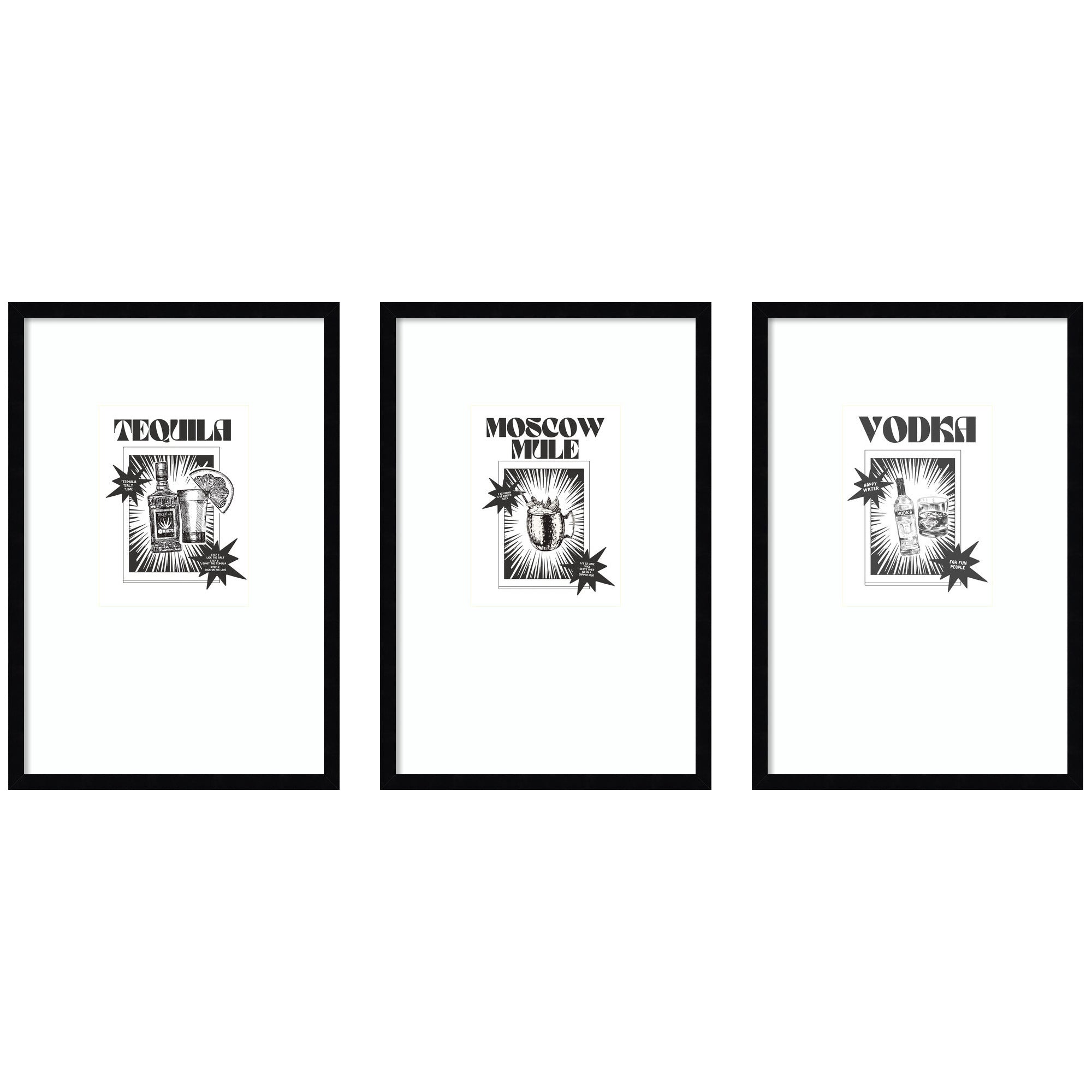 Tequila Moscow Mule & Vodka Happy Water 3 Piece Framed Wall Art Print Set by Honey Island Studio