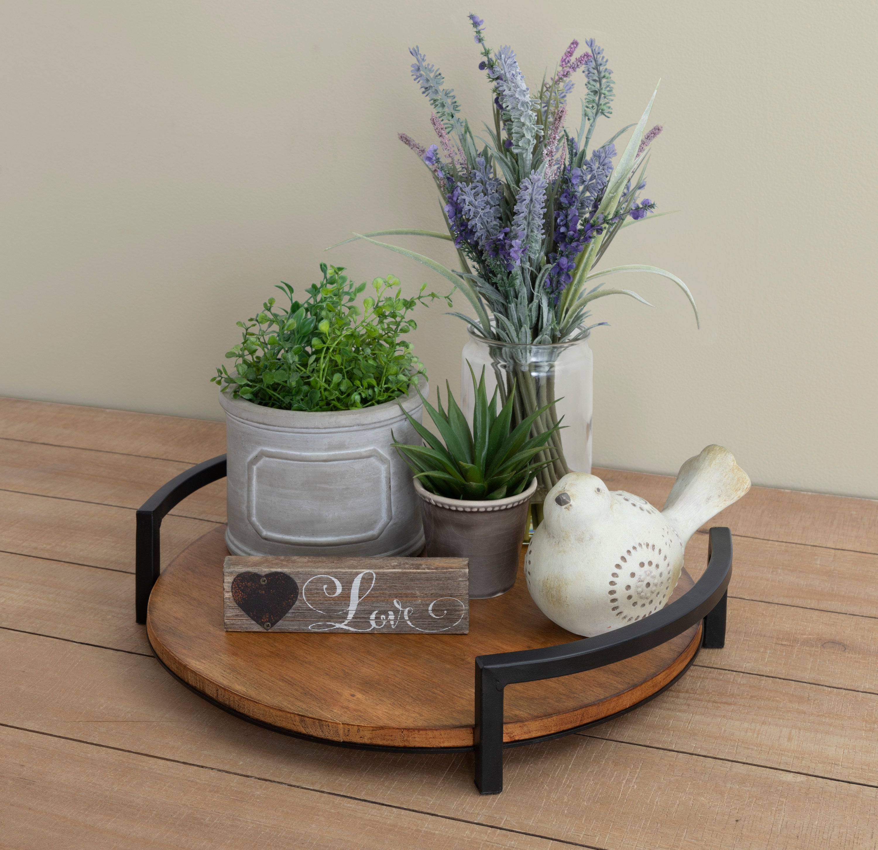 Ficher Wood and Metal Round Decorative Tray