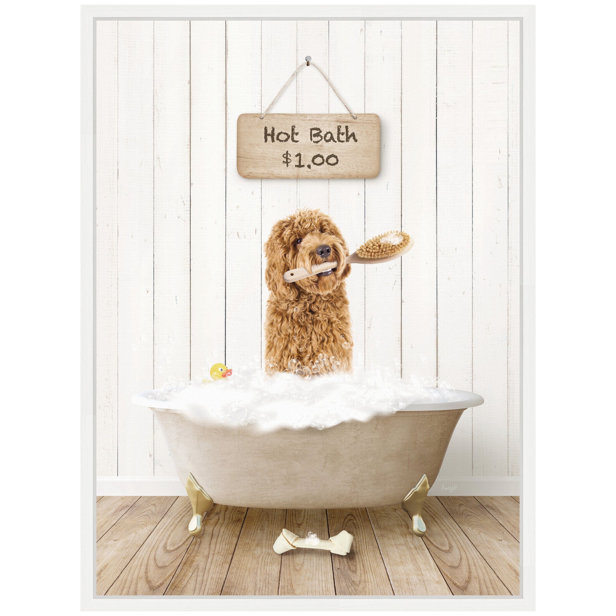 Sylvie Golden Labradoodle in Hot Bath Framed Canvas by Amy Peterson