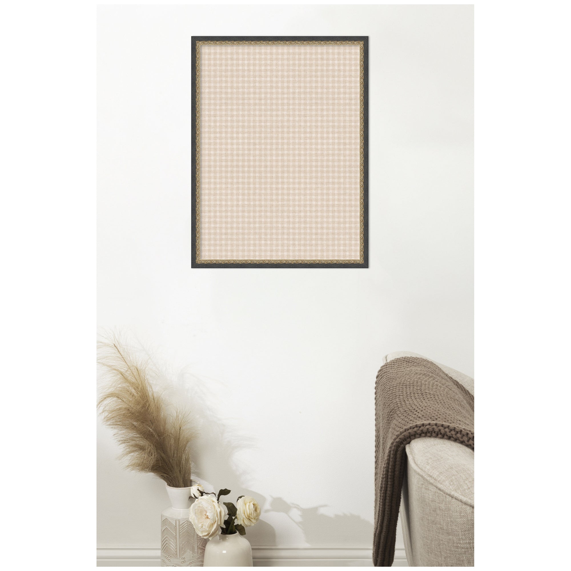 Framed Fabric Pinboard Mini Gingham Neutral Linen Wall Organization