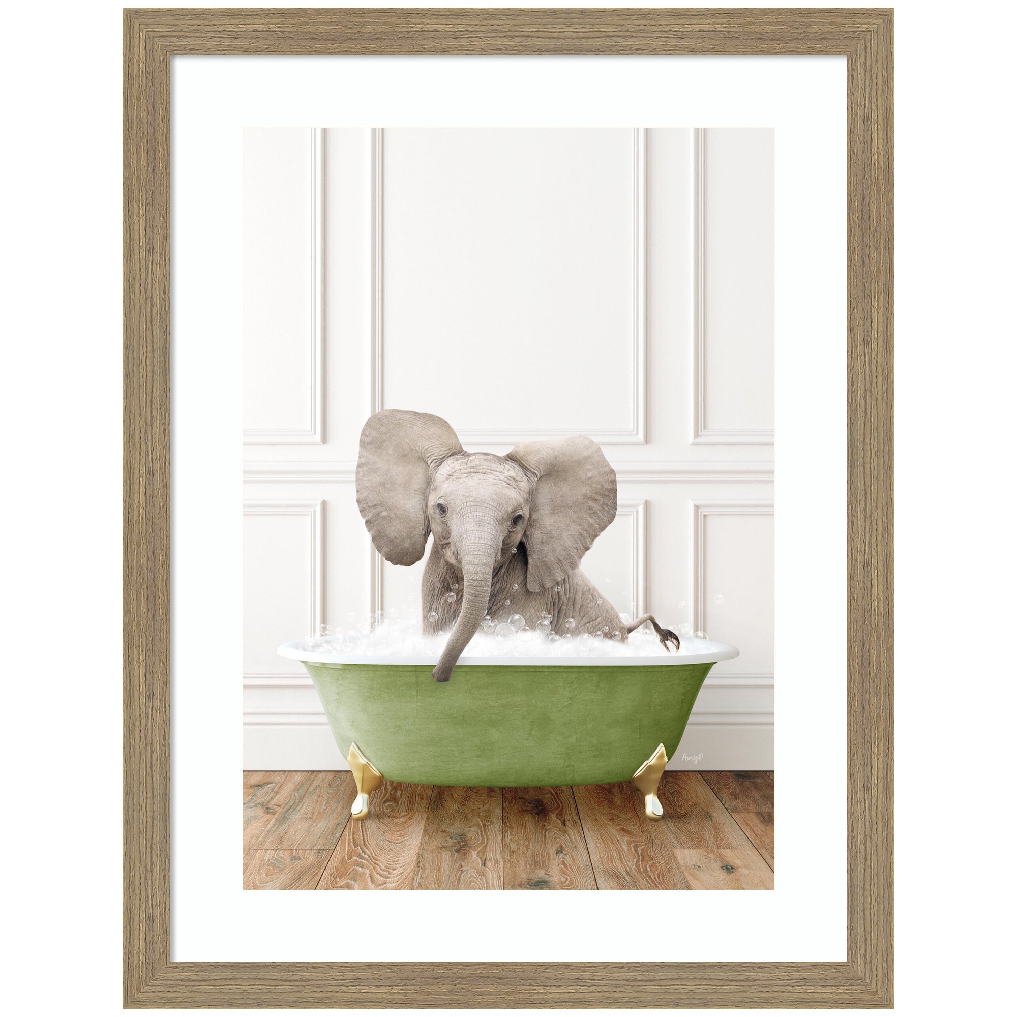 Baby Elephant in Transitional Bathtub by Amy Peterson Framed Wall Art Print