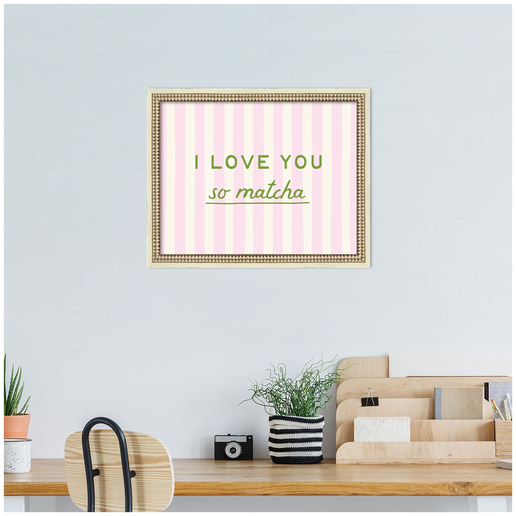 I Love You So Matcha Pink and Green Striped Kitchen Art Dopamine Decor for Home or Apartment by Lucky Guava Framed Wall Art Print
