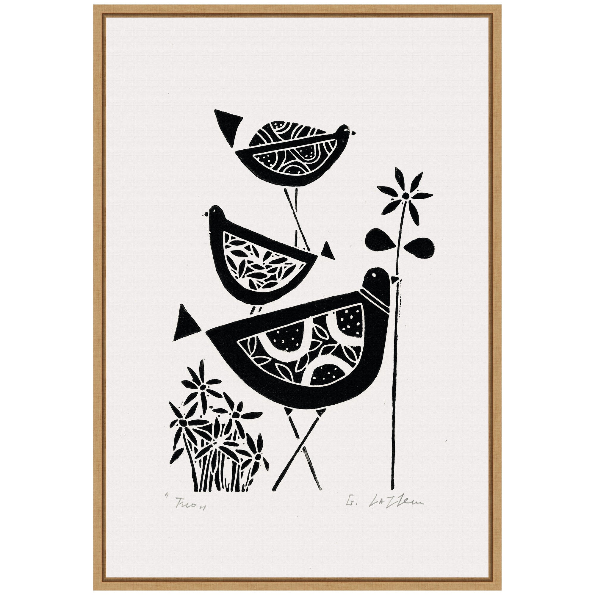 Sylvie Folk Bird Family Trio Linocut Framed Canvas by Giuliana Lazzerini