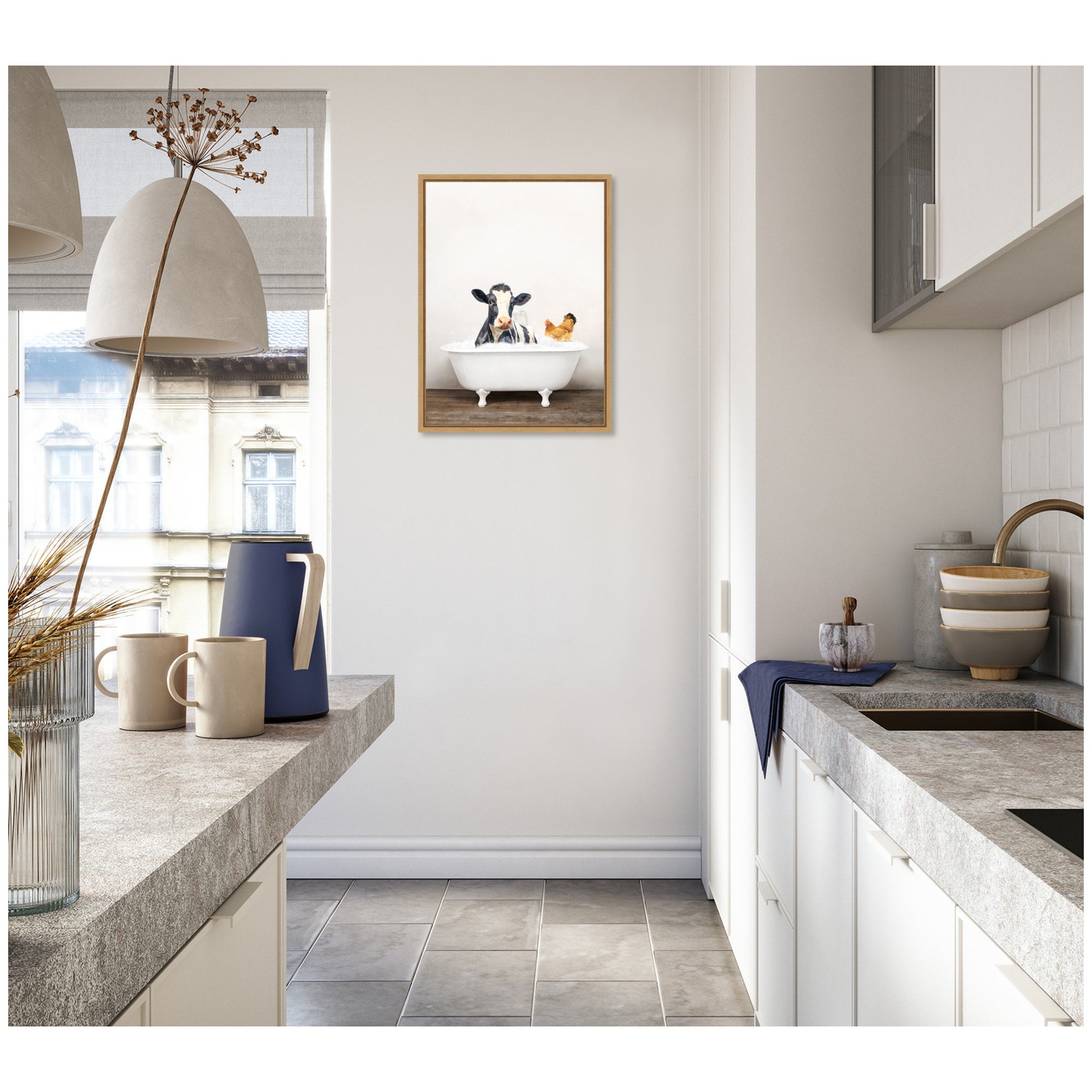 Sylvie Cow and Chicken in Rustic Bathtub Framed Canvas by Amy Peterson