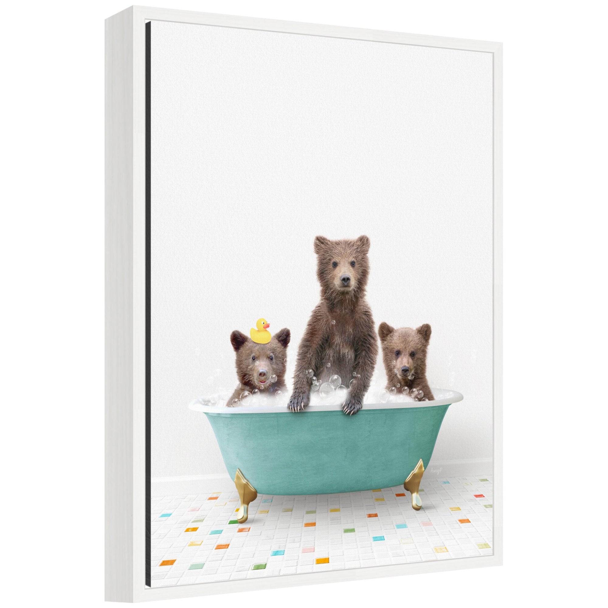 Sylvie Three Bear Cubs in Teal Bathtub on Colored Tile Framed Canvas by Amy Peterson