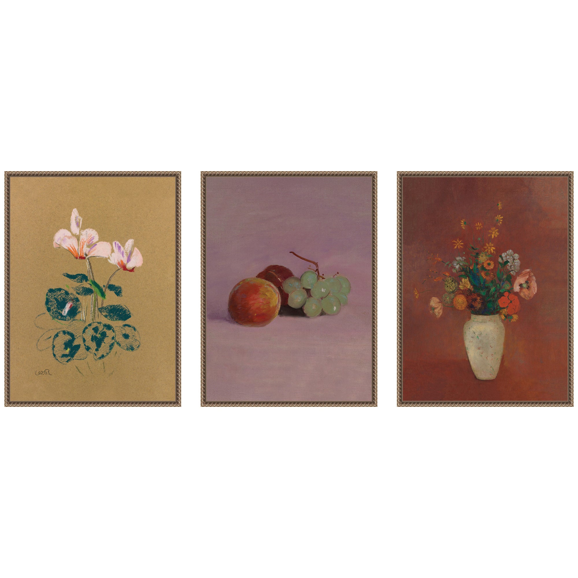 Cyclamen, Still Life with Fruit, & Bouquet in a Chinese Vase Odion Redon 3 Piece Framed Canvas Wall Art Set by Nostalgia Prints