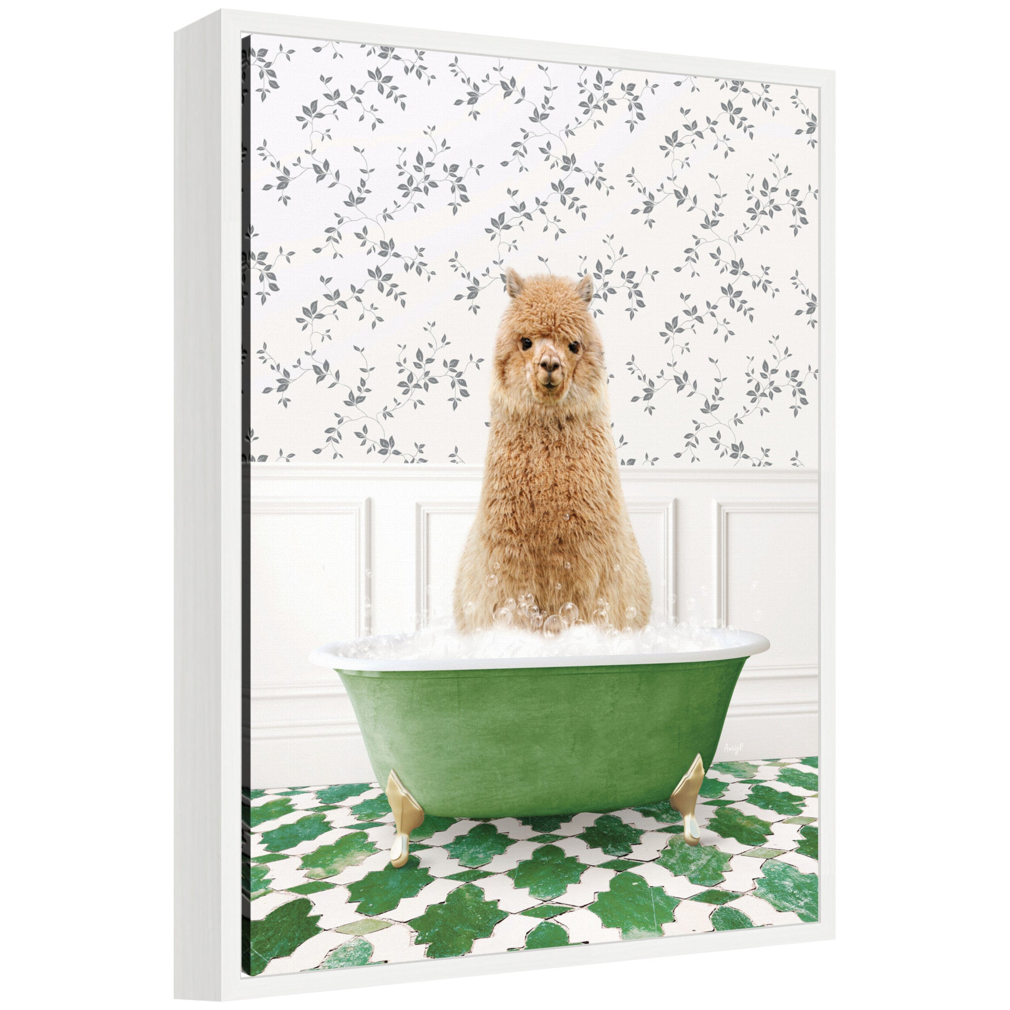 Sylvie Alpaca in Eclectic Green Bathtub Framed Canvas by Amy Peterson