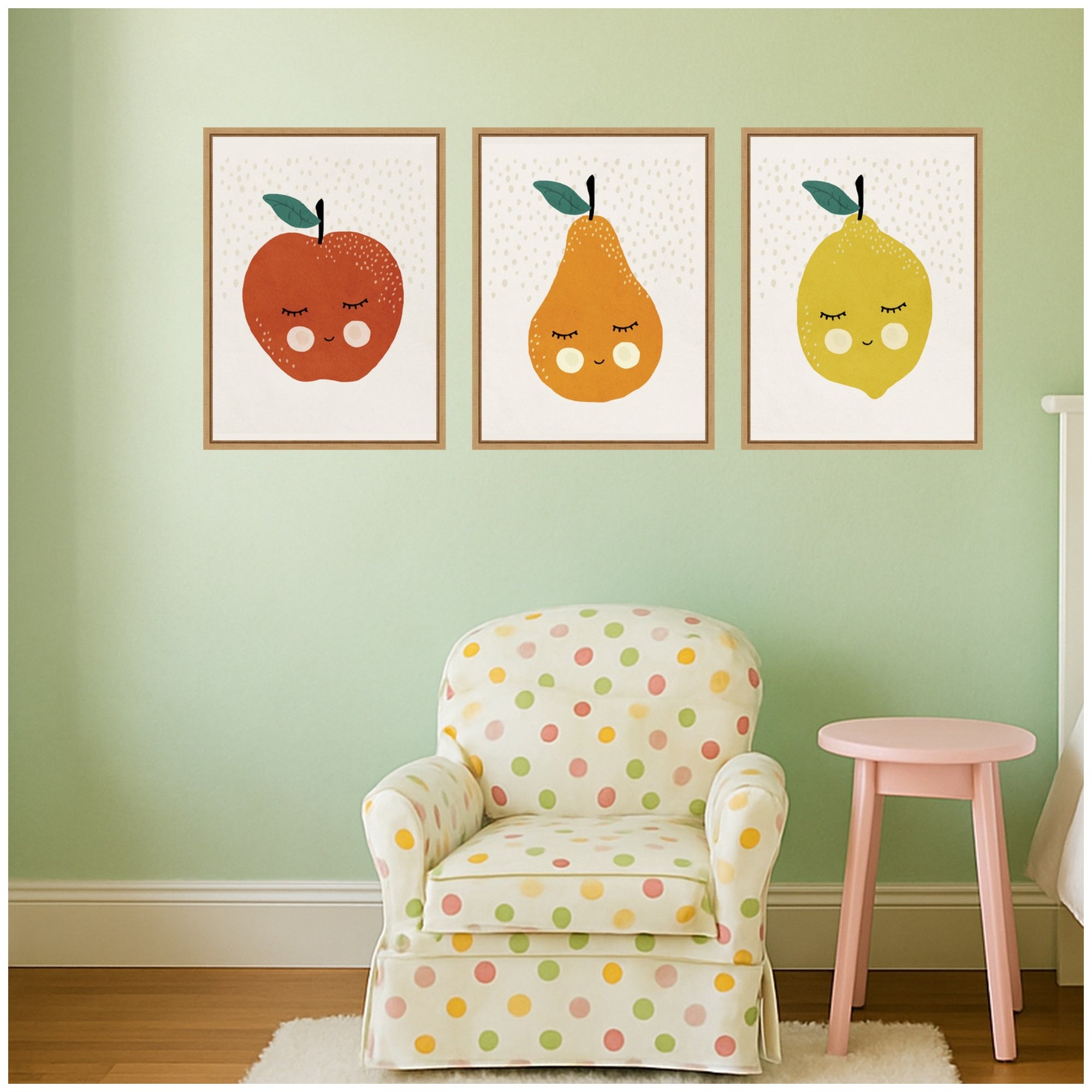 Cute Apple Lemon Pear 3 Piece Framed Canvas Wall Art Set by July Art Prints