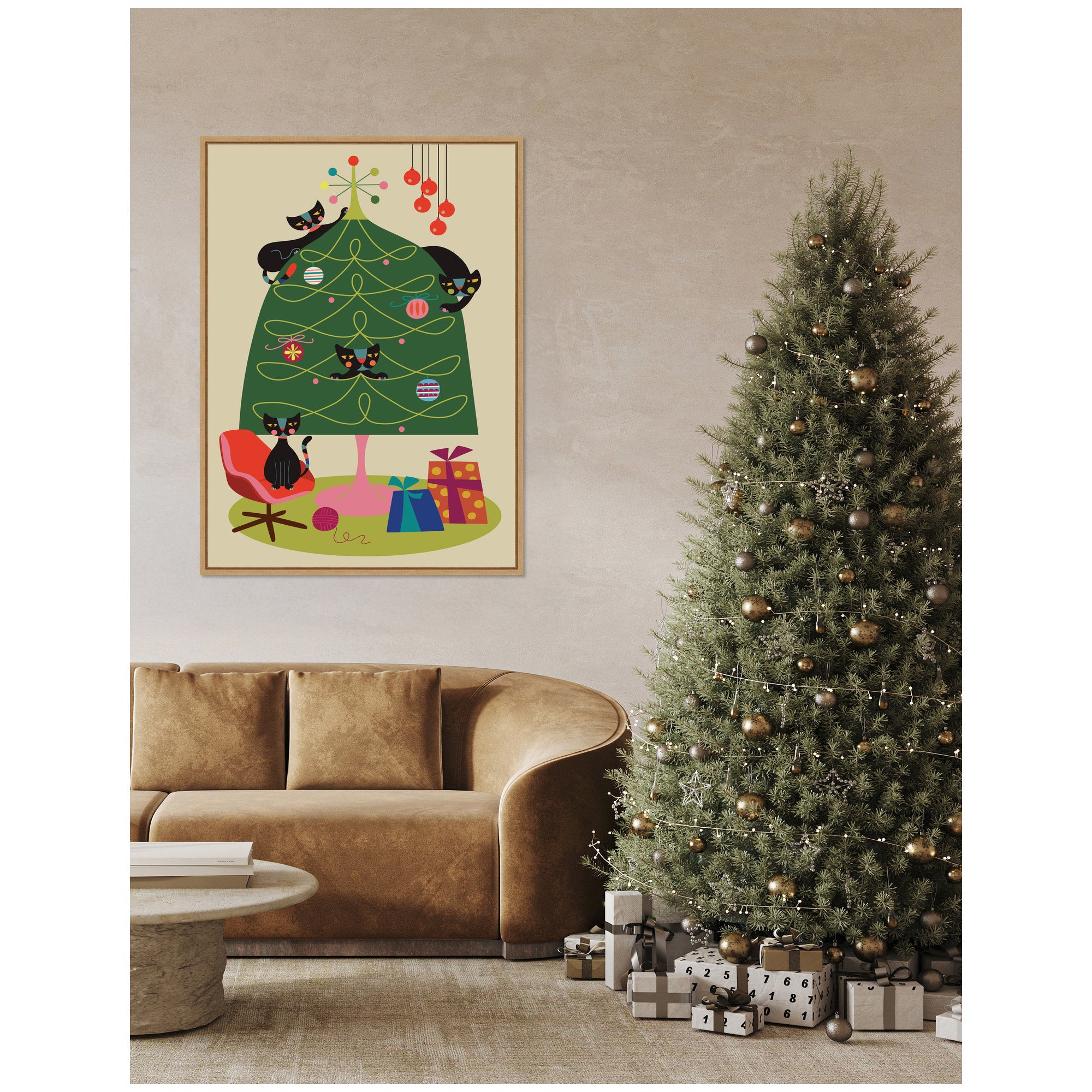 Sylvie Framed Canvas Retro Cats And Christmas Tree by Rachel Lee