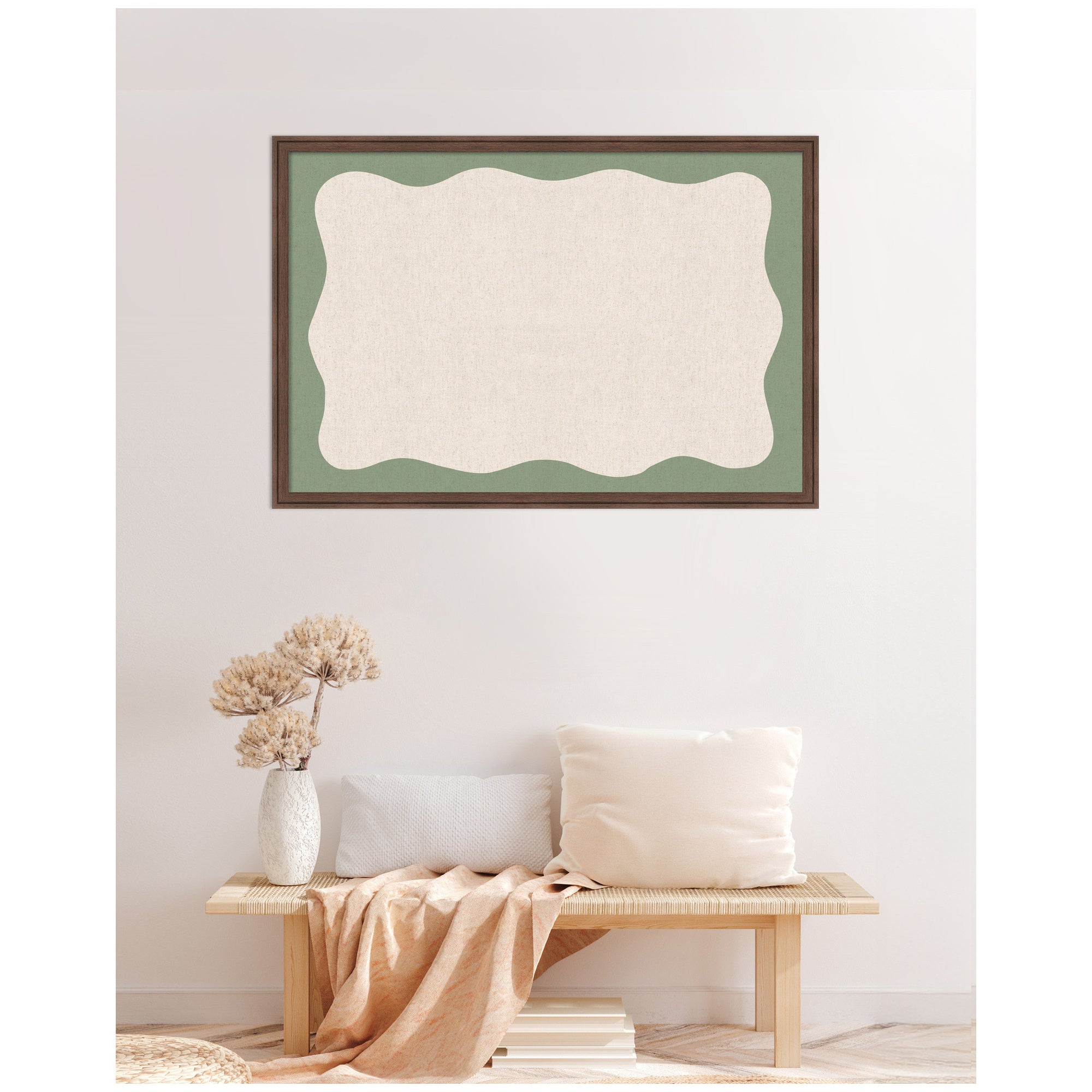 Framed Fabric Pinboard Wavy Neutral Linen and Green Wall Organization