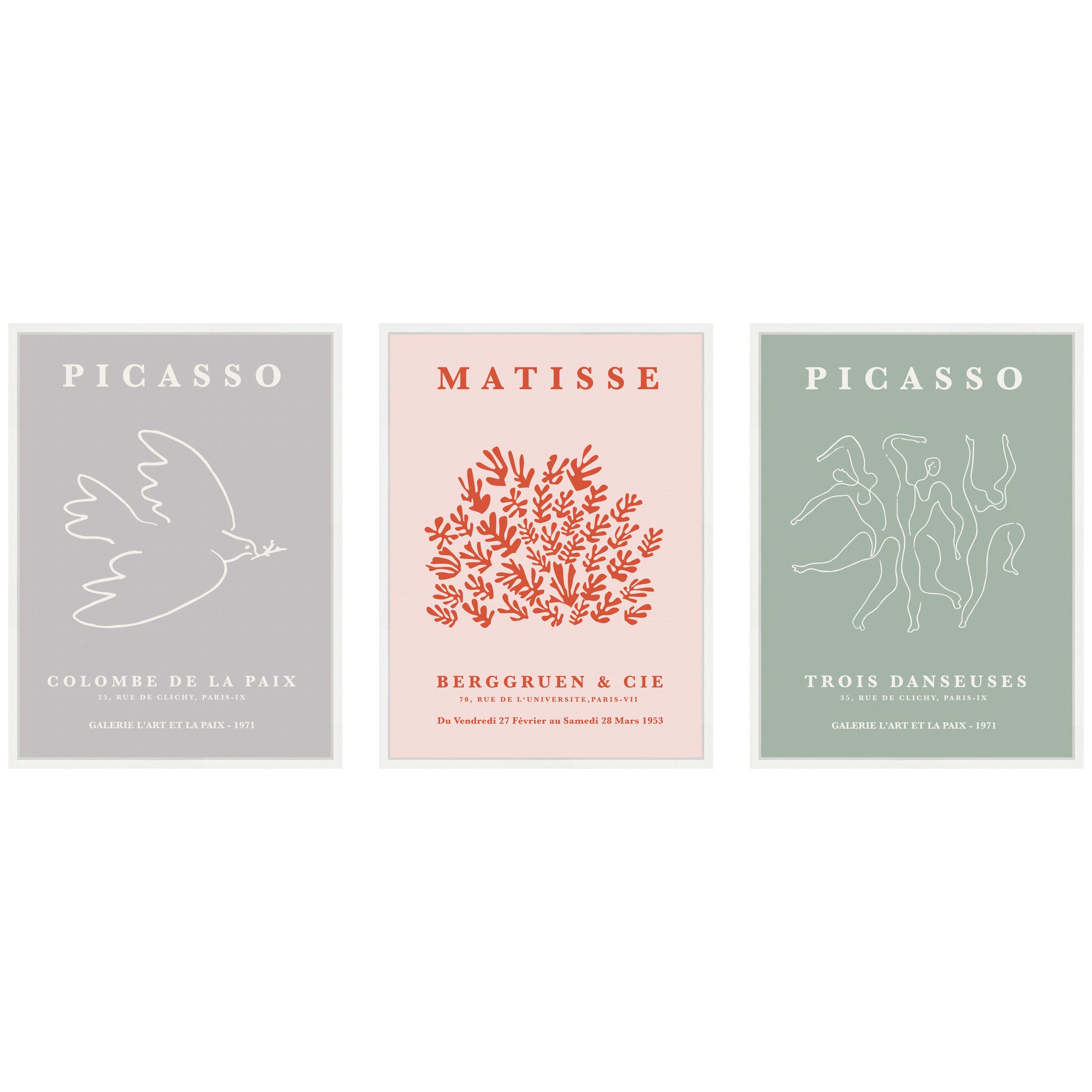 Picasso Inspired Bird & Inspired Dance 3 Piece Framed Canvas Wall Art Set by Gabrielly Guedes
