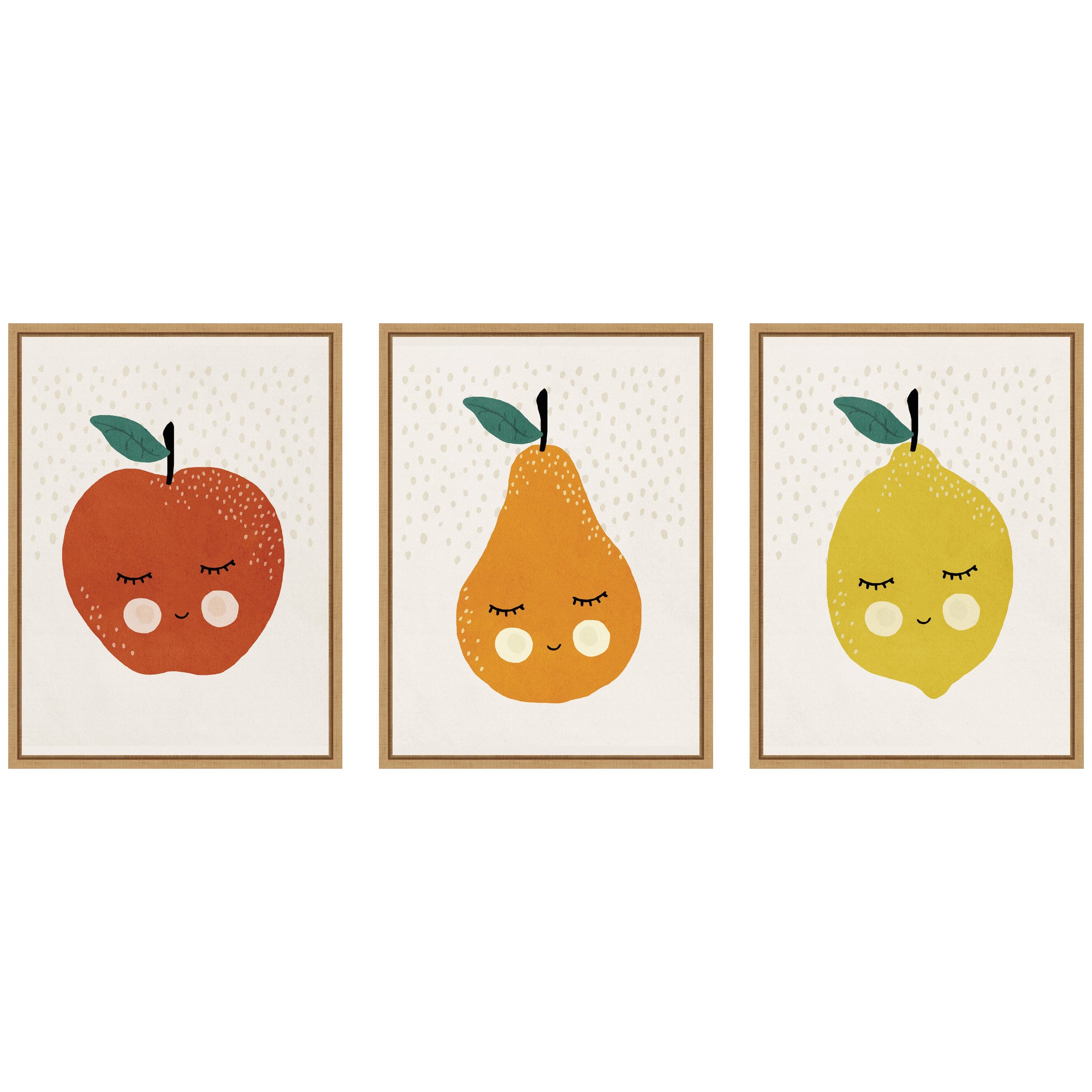 Cute Apple Lemon Pear 3 Piece Framed Canvas Wall Art Set by July Art Prints