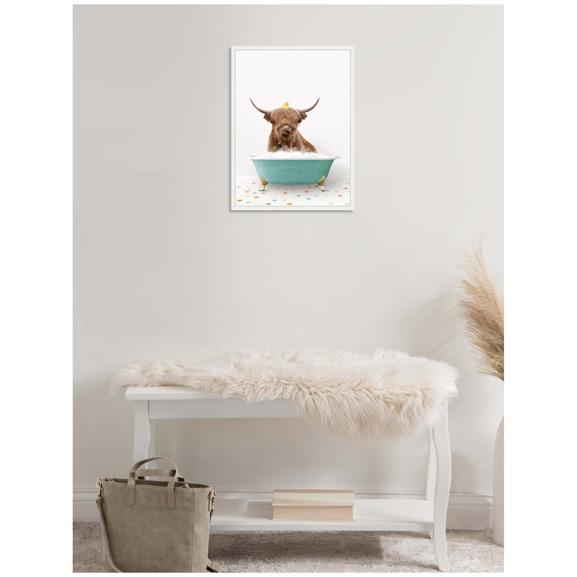 Sylvie Highland Cow in Teal Bathtub on Colored Tile Framed Canvas by Amy Peterson