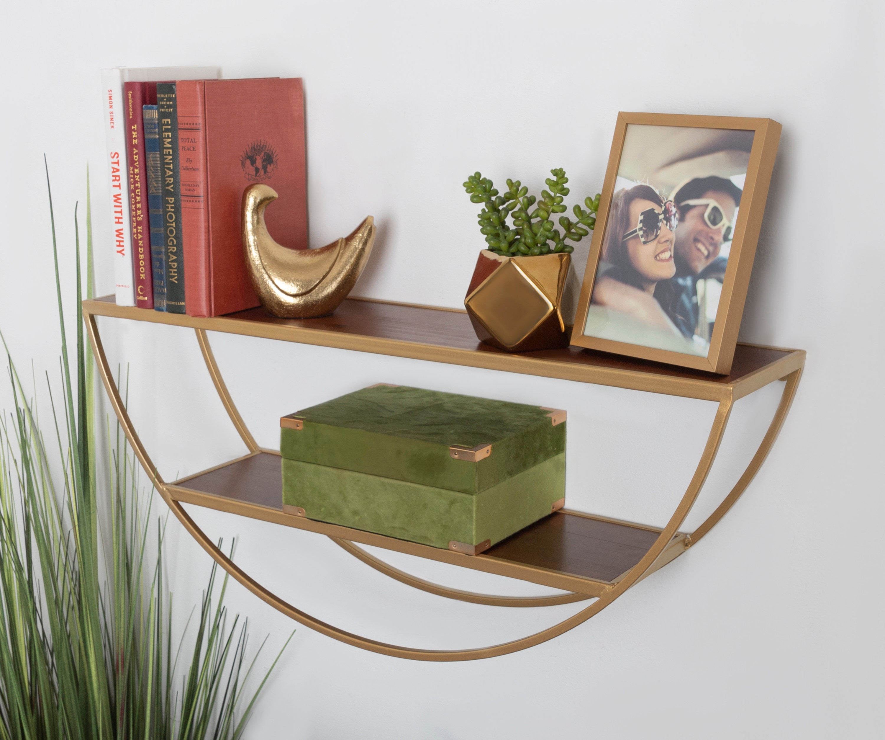 Accent Shelf Walnut Brown Gold 26x11 8