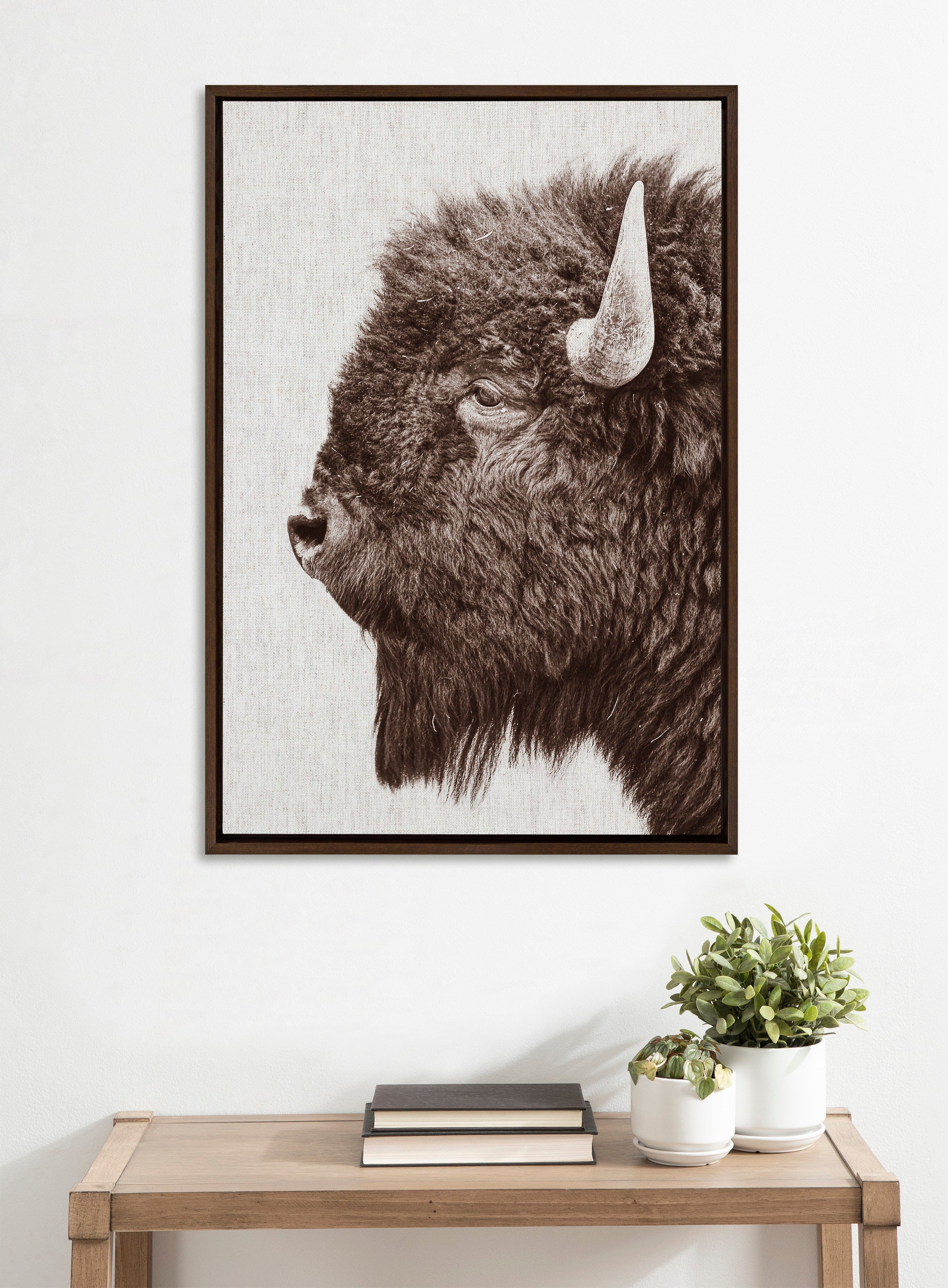 Sylvie Bison Profile Woven Neutral Linen Framed Canvas by Amy Peterson Art Studio