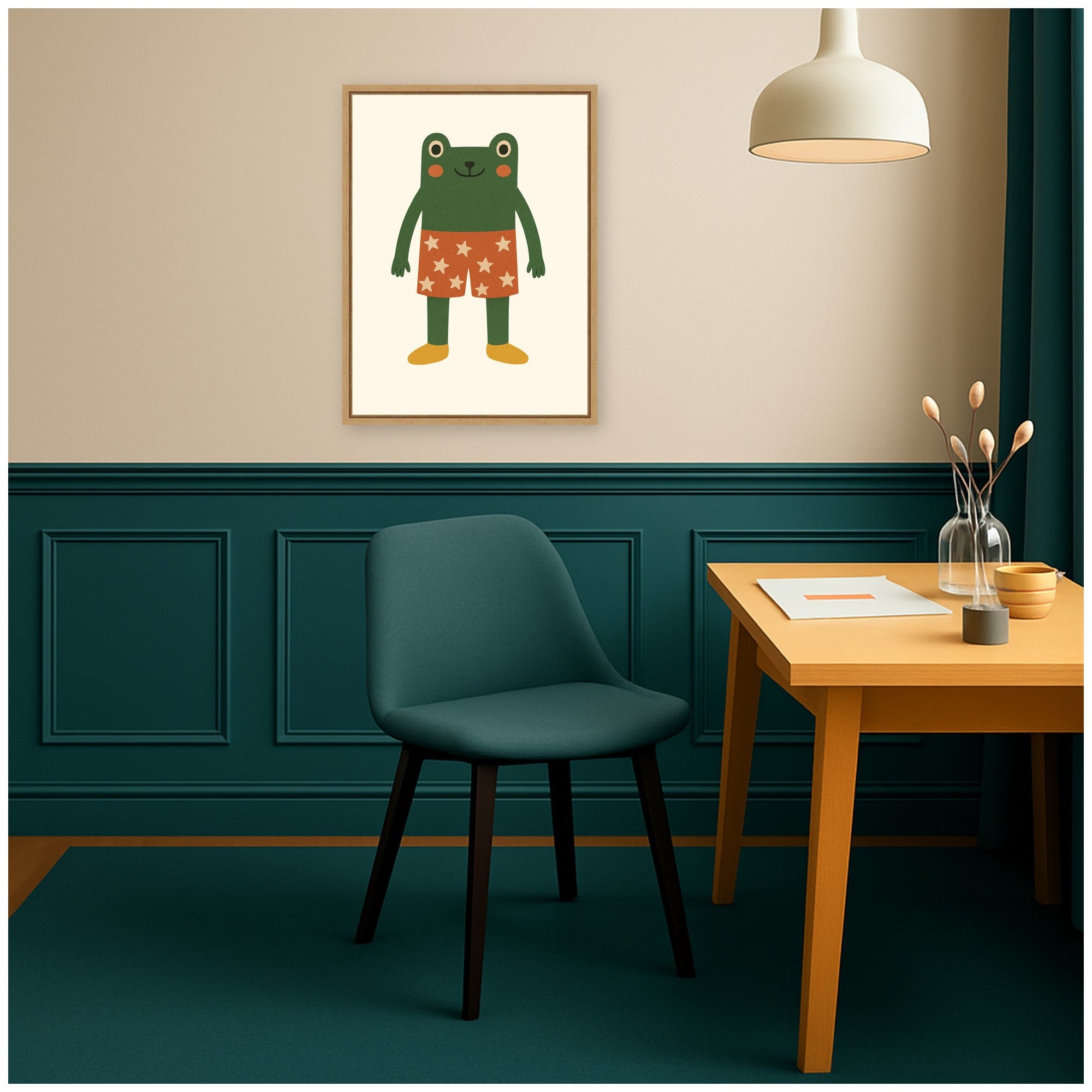Whimsical Frog with Star Shorts by Laura Moss Framed Canvas Wall Art Print