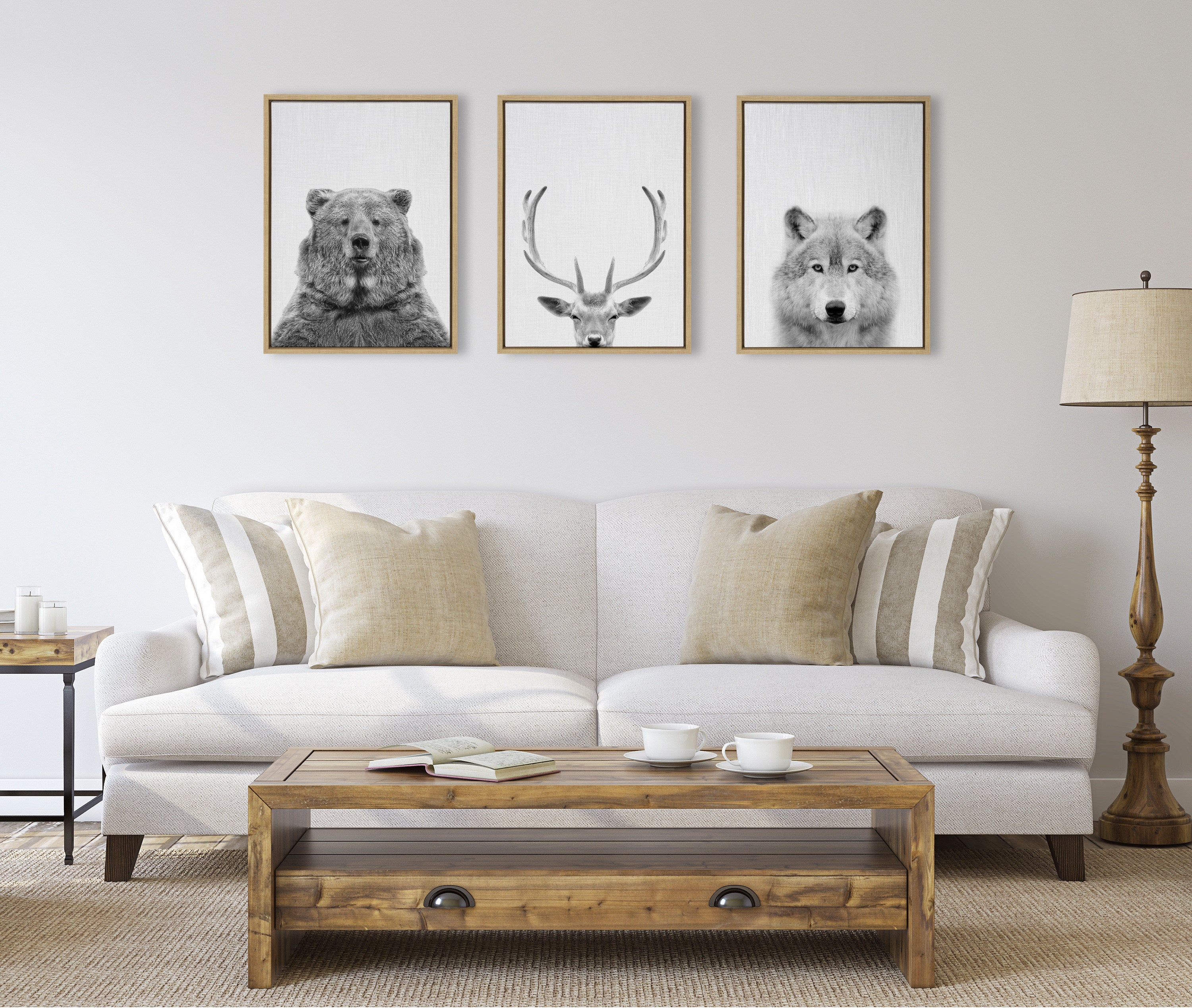 Sylvie Bear Deer and Wolf Framed Canvas Art Set by Simon Te of Tai Prints
