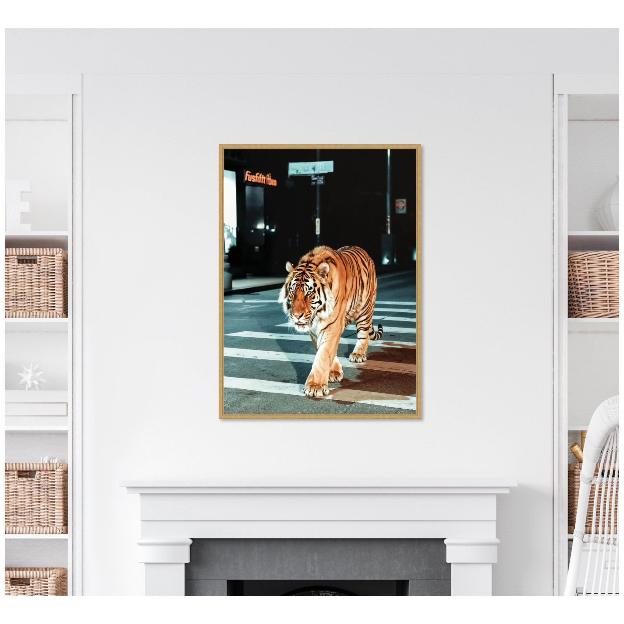 Sylvie Tiger in the City at Night 2 Framed Canvas by Michael Schauer