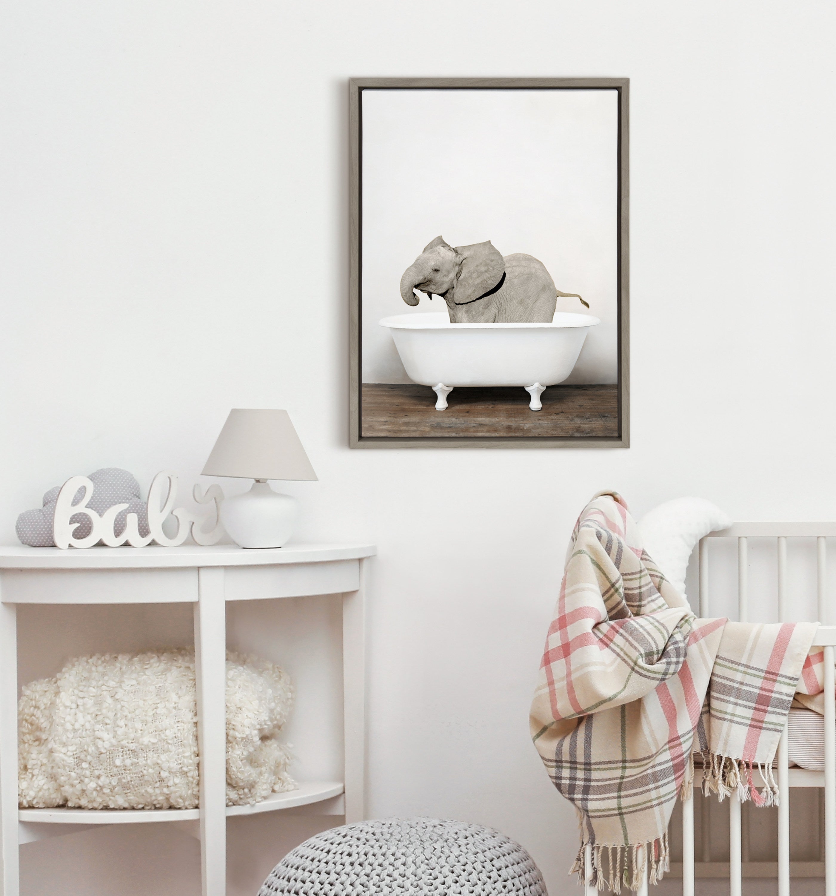 Sylvie Baby Elephant in the Tub Color Framed Canvas by Amy Peterson Art Studio