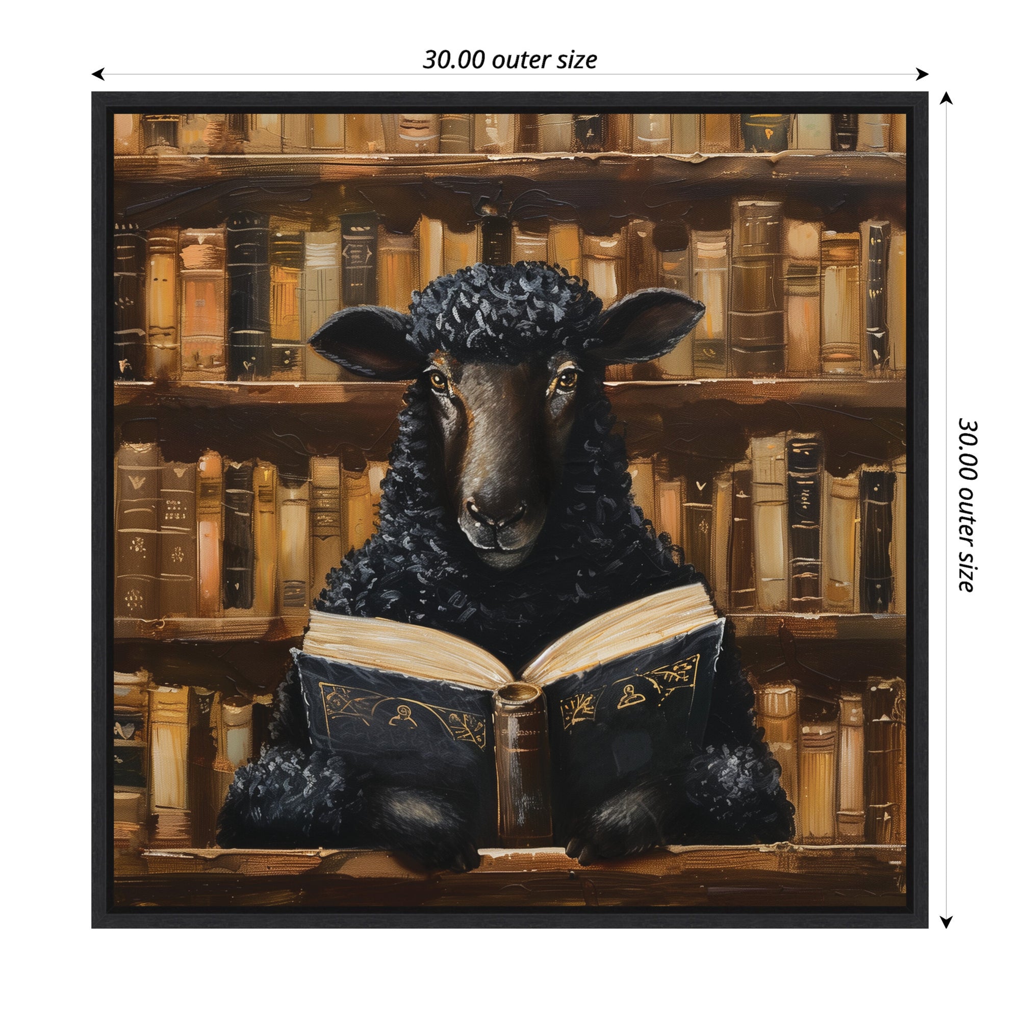 Sylvie Traditional Black Sheep Reading in Vintage Library Framed Canvas by The Creative Bunch Studio