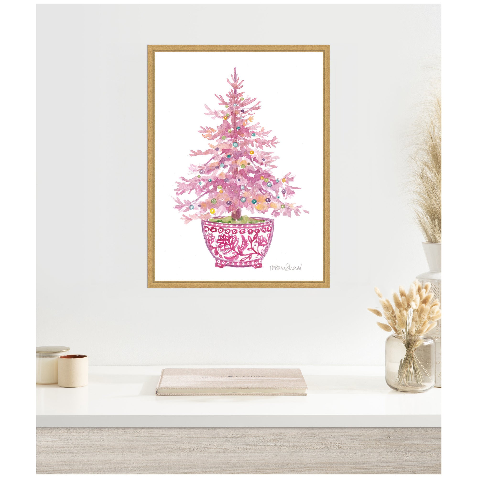Sylvie Framed Canvas Pink Christmas Tree by Patricia Shaw