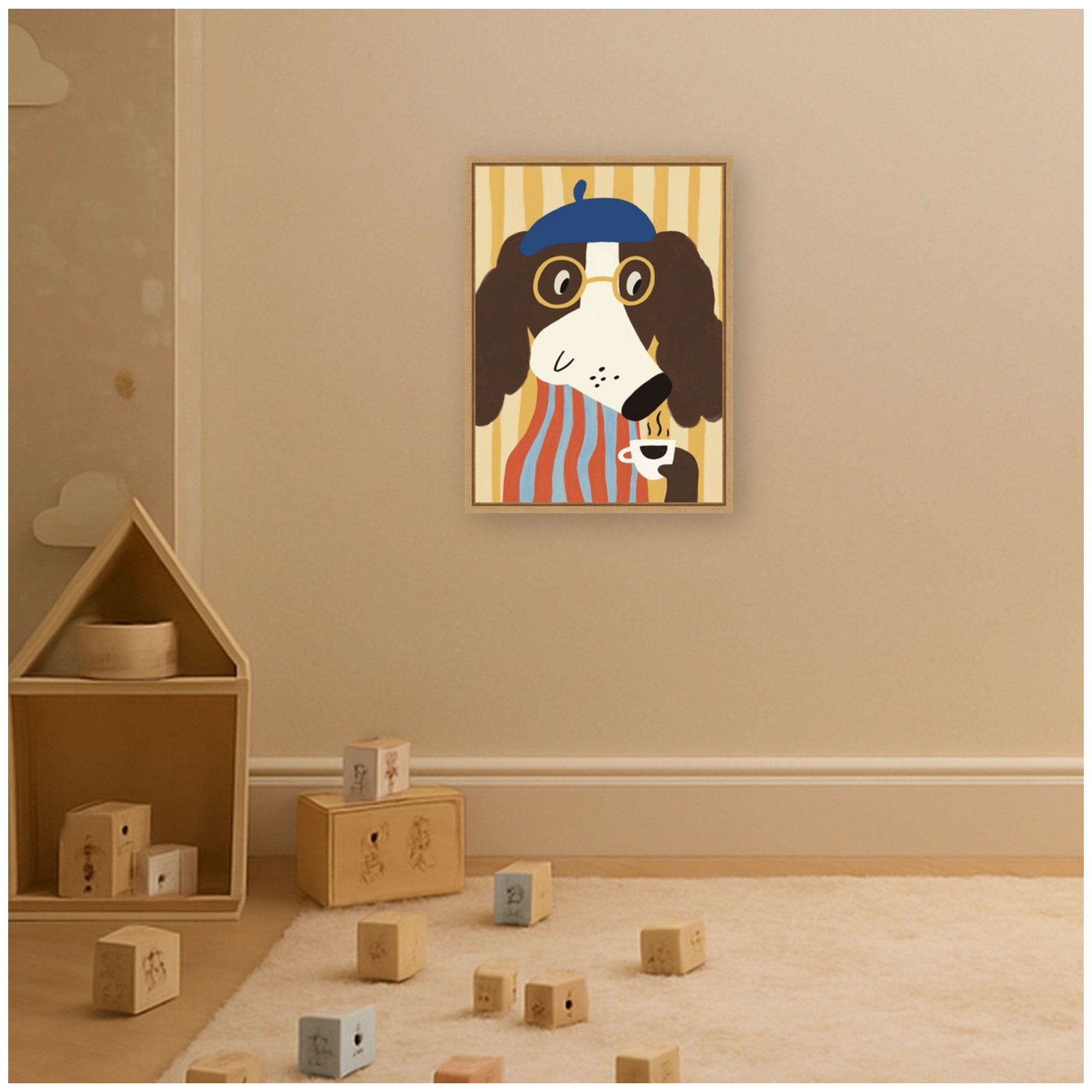 Dog with Cup of Coffee by Laura Moss Framed Canvas Wall Art Print
