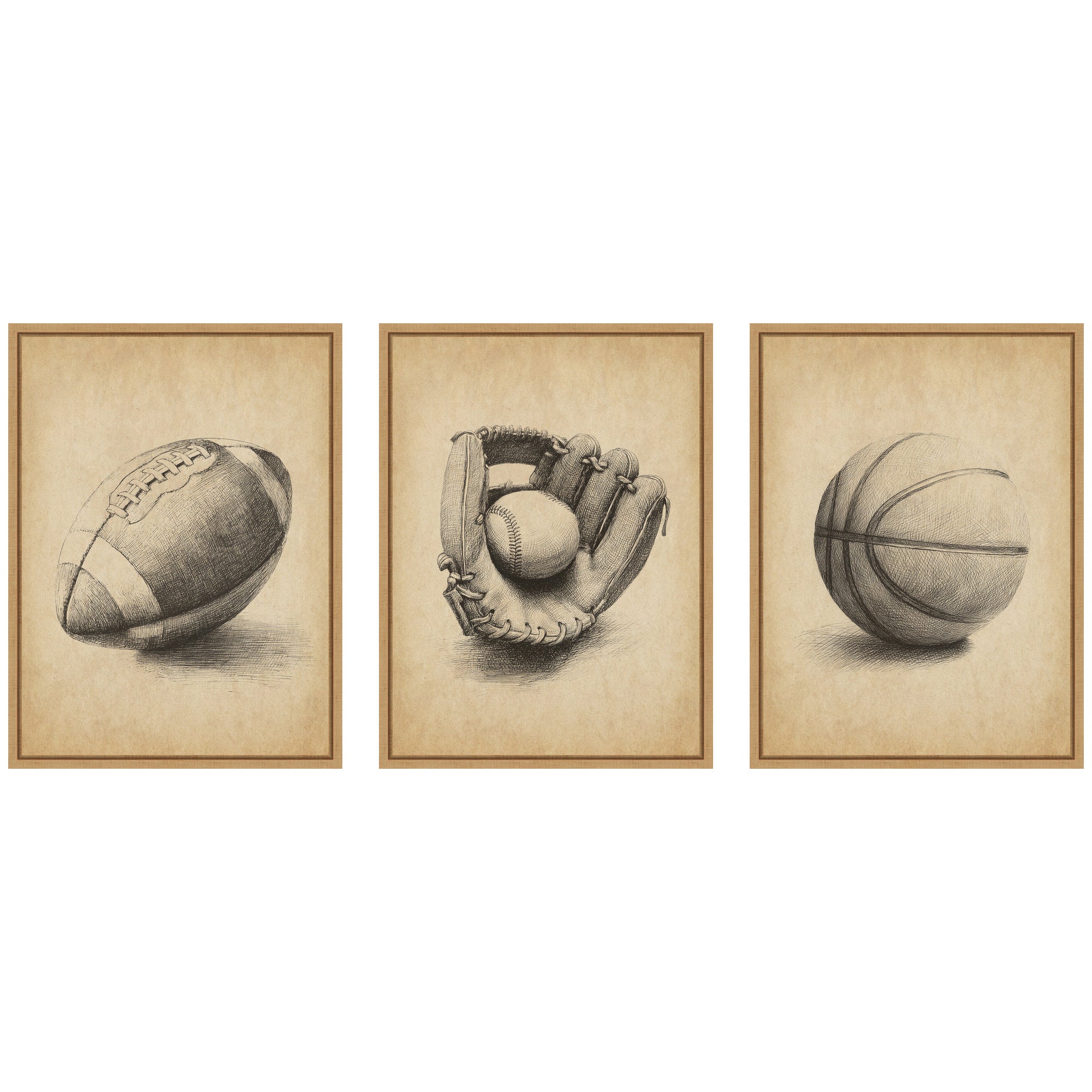Walnut Antique Football 3 Piece Framed Canvas Wall Art Set by The Creative Bunch Studio